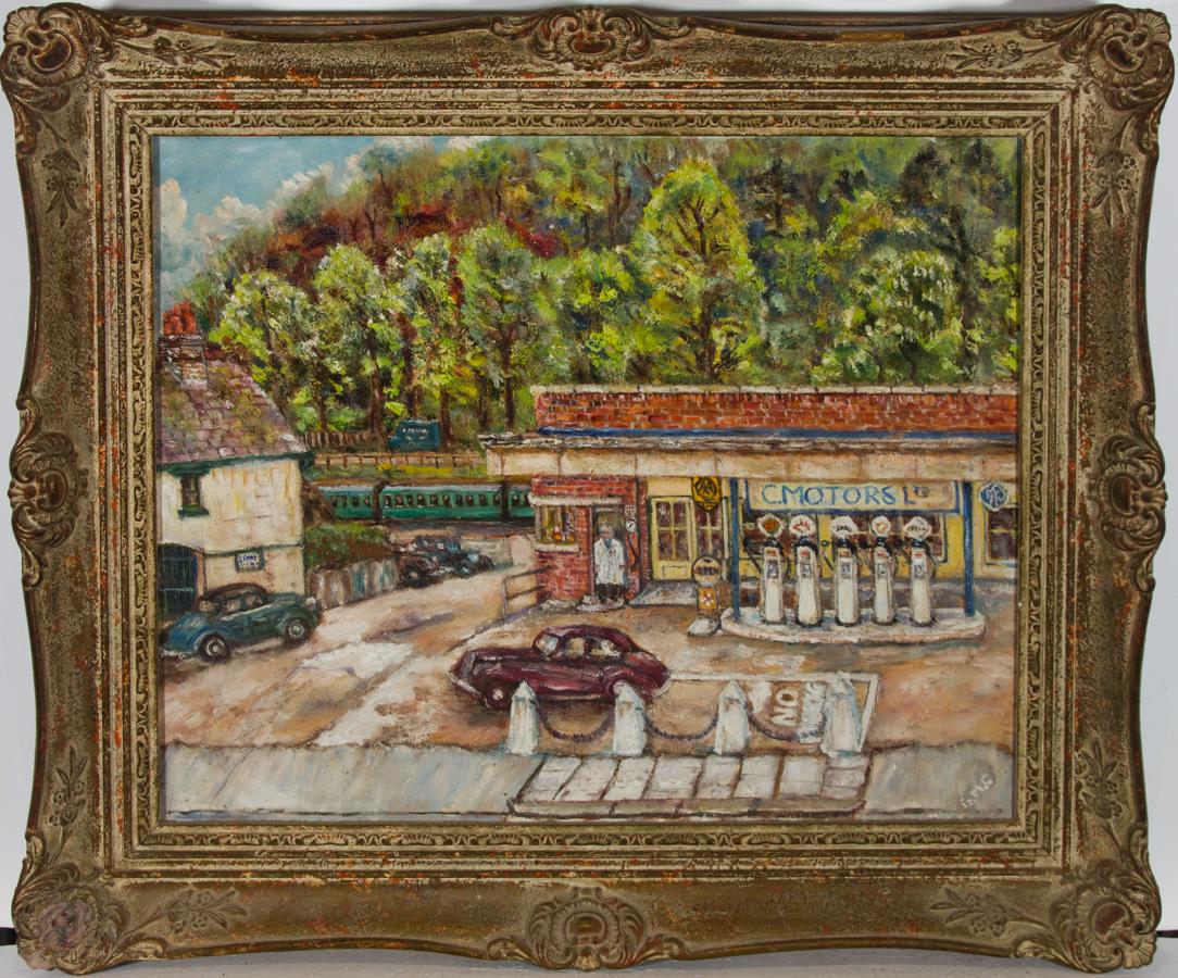 An interesting scene depicting a mid century petrol station, with shopkeeper, cars and train in the distance. The artist has used a naive, childlike style to convey the quaintness of the scene. With areas of impasto and completed in a bright,