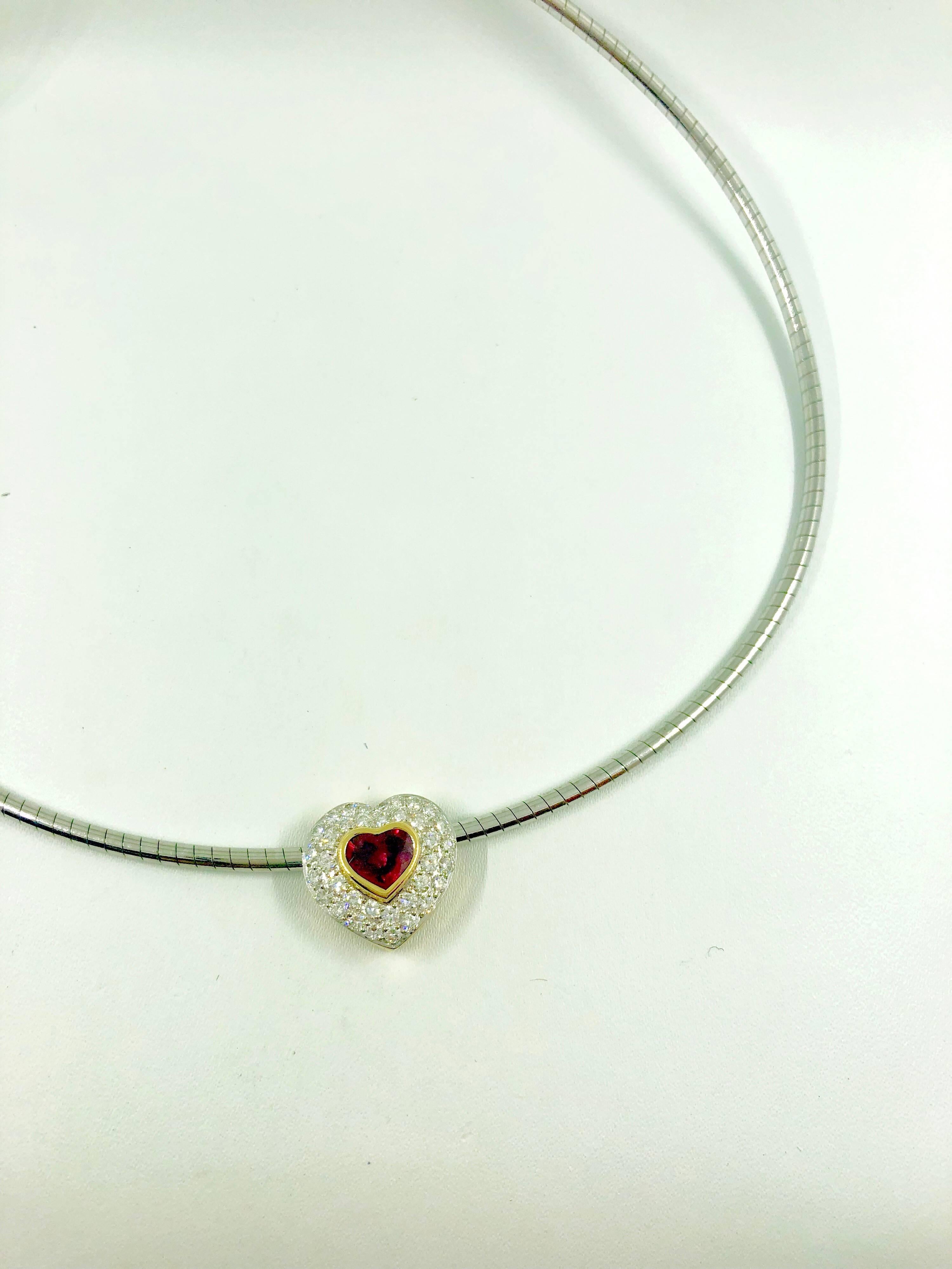 Round Cut G.Minner Burma Ruby Diamonds Gold Heart Pendant For Sale