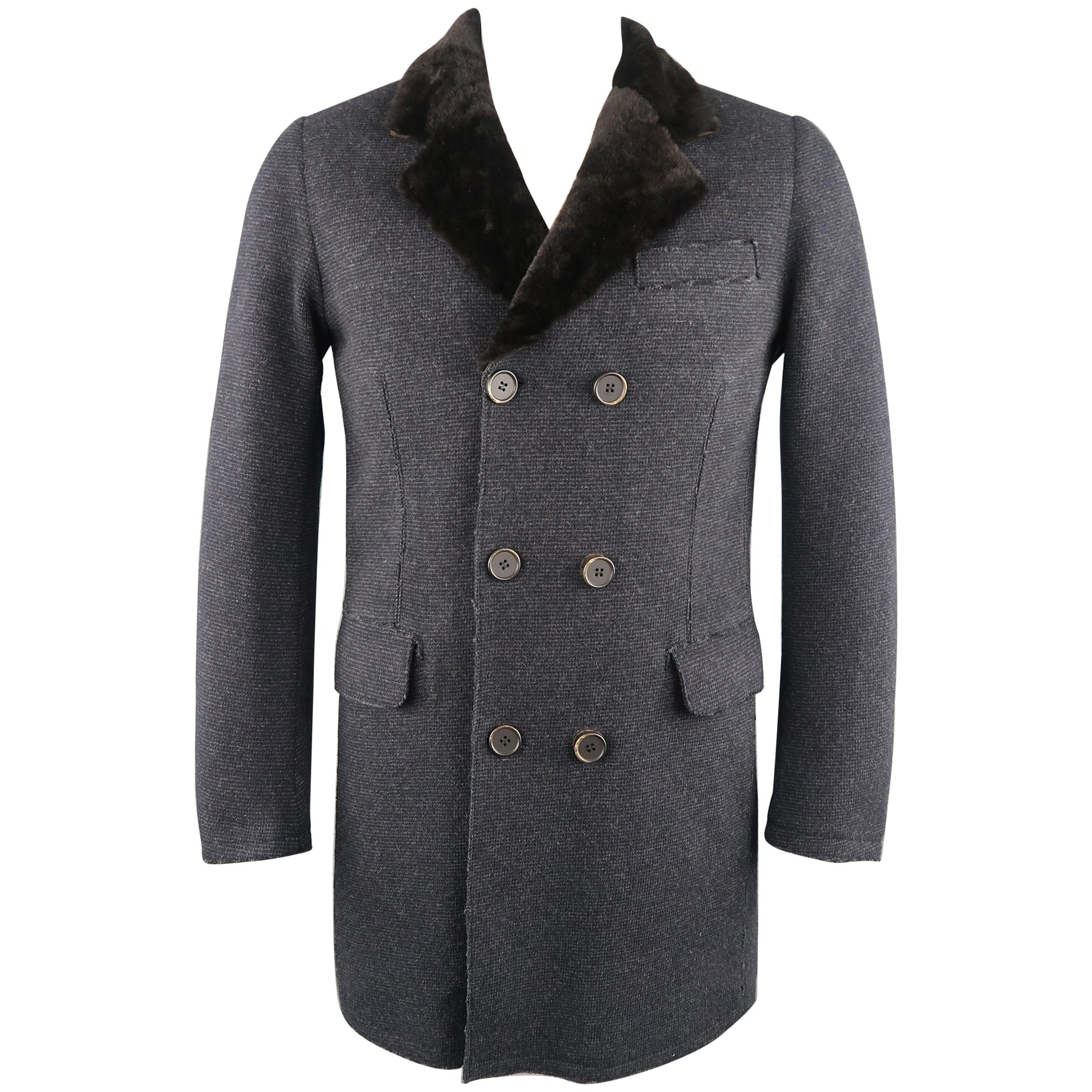 GMS-75 S Navy Heather Wool Blend Shearling Collar Double Breasted Coat