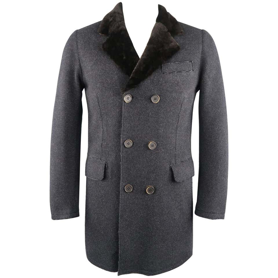 GMS-75 S Navy Heather Wool Blend Shearling Collar Double Breasted Coat ...
