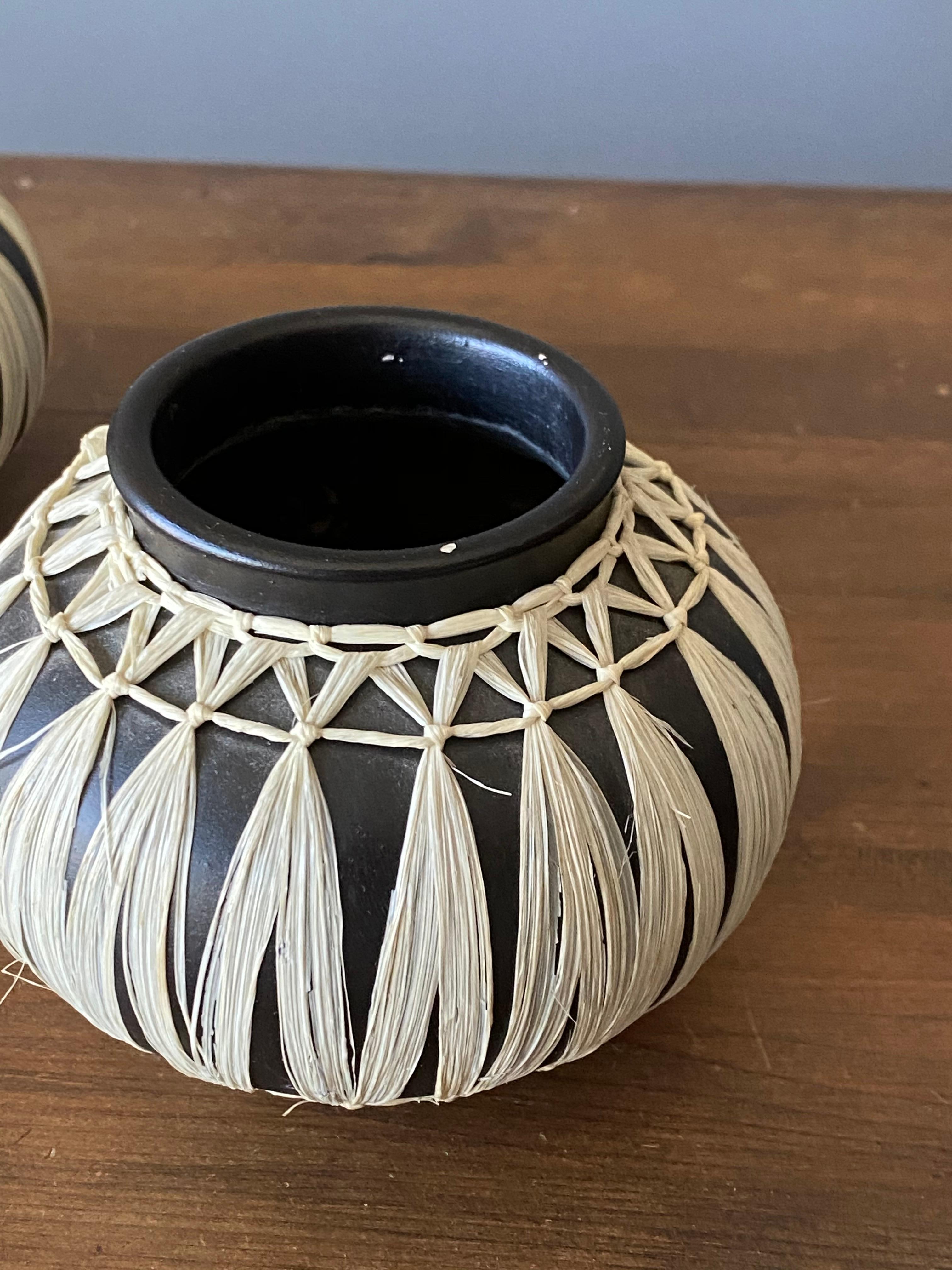 Mid-Century Modern Gmundner Keramik, Vases, Black-Painted Stoneware, Raffia, Austria, 1950s