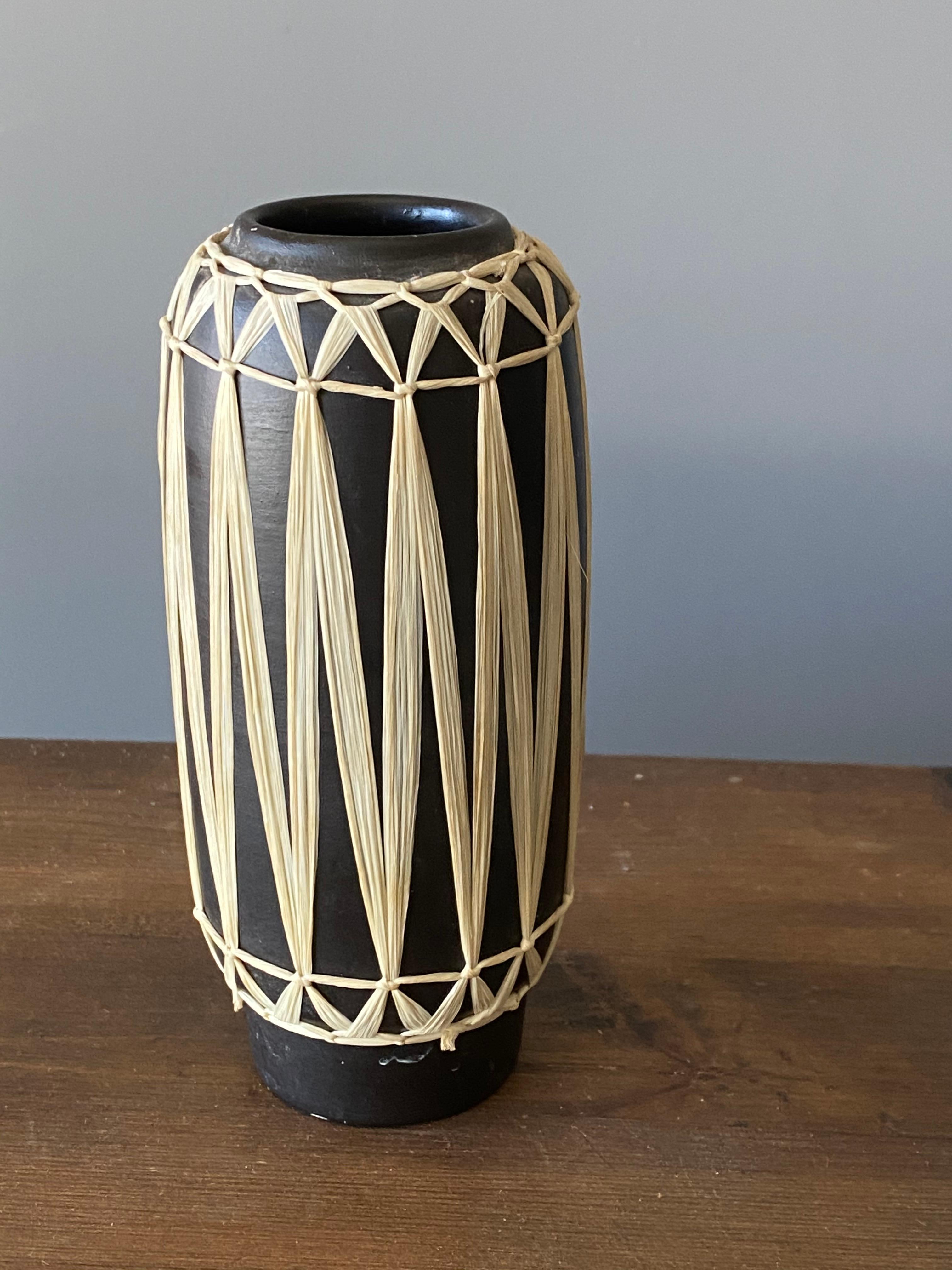Austrian Gmundner Keramik, Vases, Black-Painted Stoneware, Raffia, Austria, 1950s