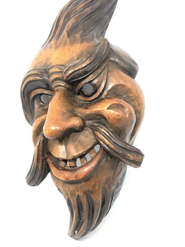 German Gnome Folk Art Black Forest Brienz Hand Carved Wooden Mask Vintage Europe For Sale