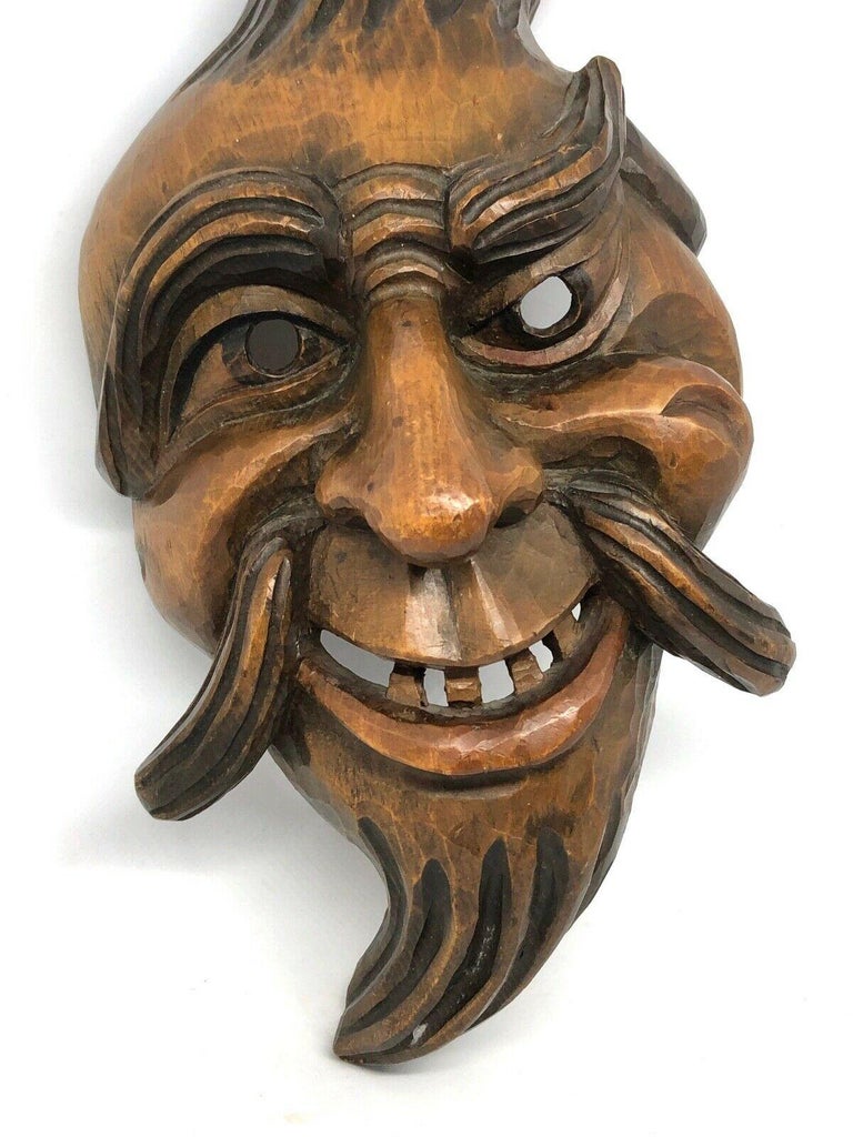 Mid-20th Century Gnome Folk Art Black Forest Brienz Hand Carved Wooden Mask Vintage Europe For Sale