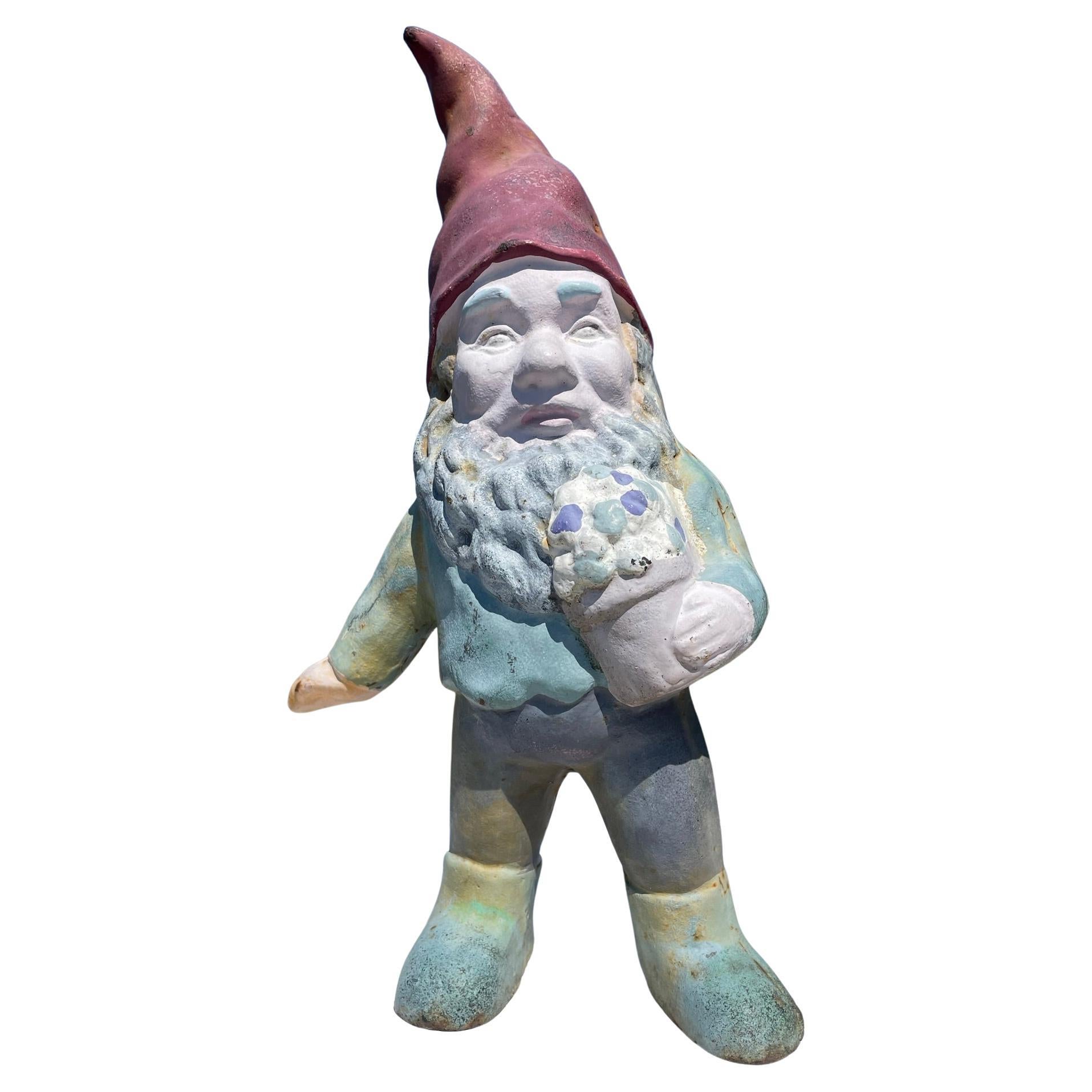 Gnome Garden Sculpture in Original Paint "Flower Pot" For Sale