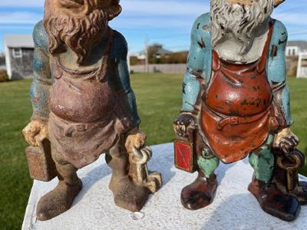 Cast Antique Gnome Pair Garden Lantern Sculptures 