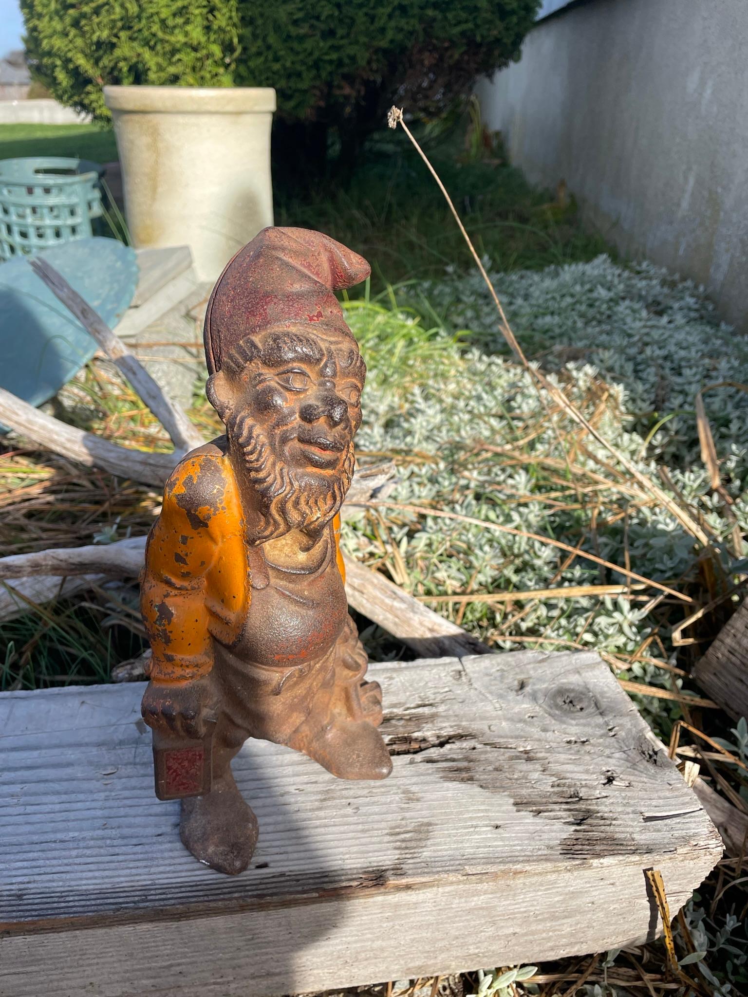 Hand-Painted Gnome Rare Orange Garden Gate Lantern Sculpture 