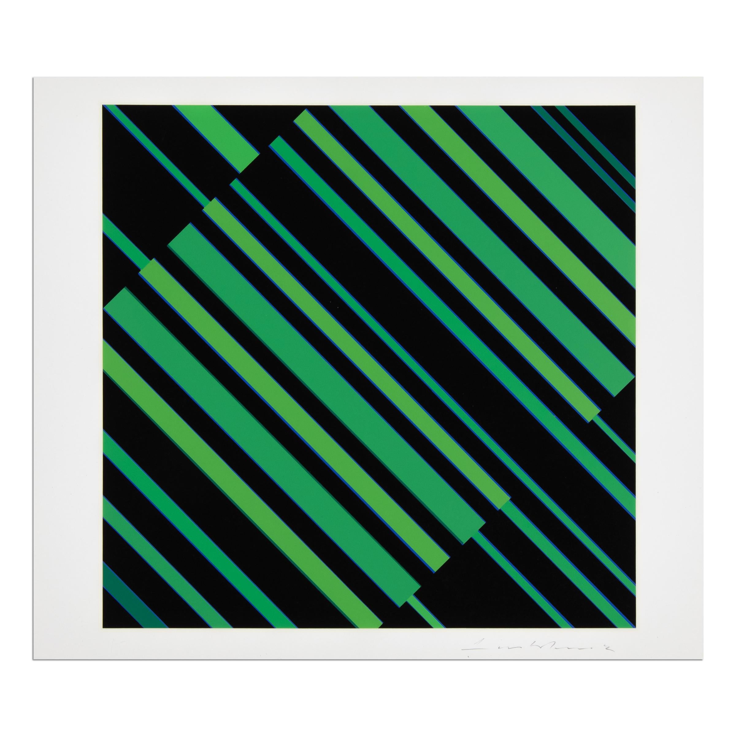 Günter Fruhtrunk (German, 1923-1982)
Schwarz-Grünes Kontinuum, 1967
Medium: Screenprint on card
Dimensions: 33 x 39 cm
Edition of 85: Hand-signed in pencil, not numbered
Catalogue raisonné: Kirchhoff 32