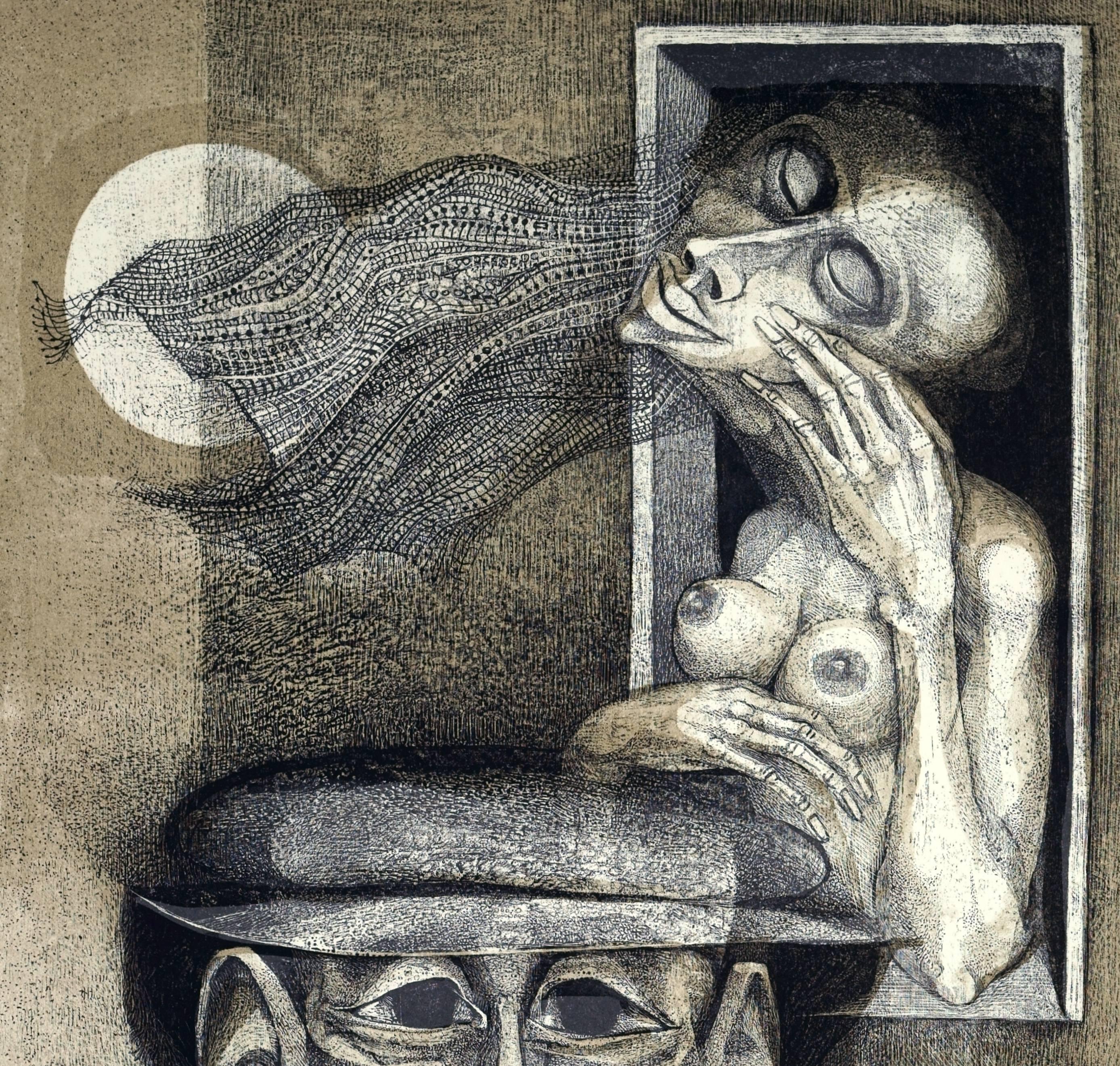 La musa dell'artista / - Lo sventramento della luna - - Print di Günther Filus