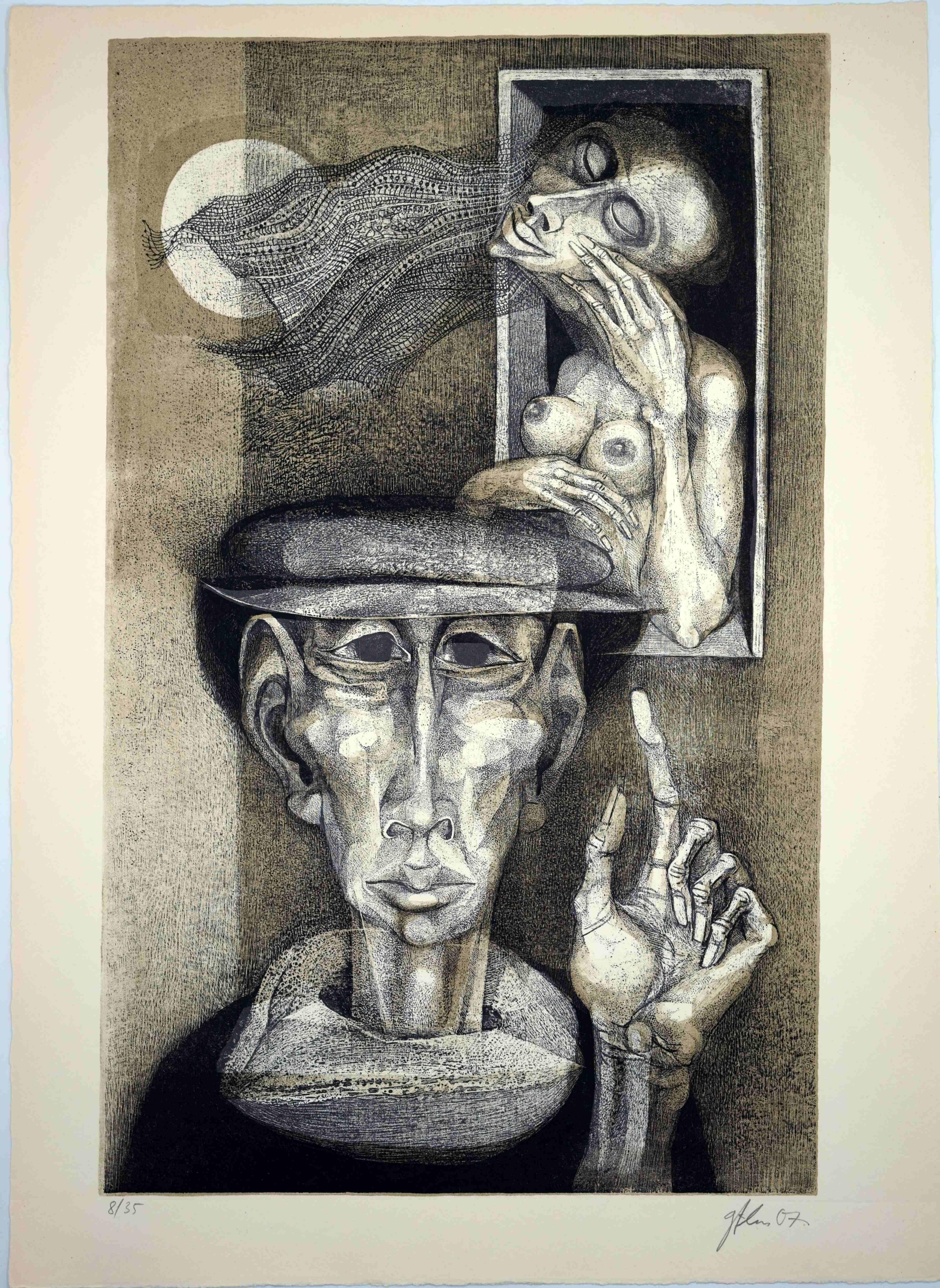 La musa dell'artista / - Lo sventramento della luna - - Print Surrealismo di Günther Filus