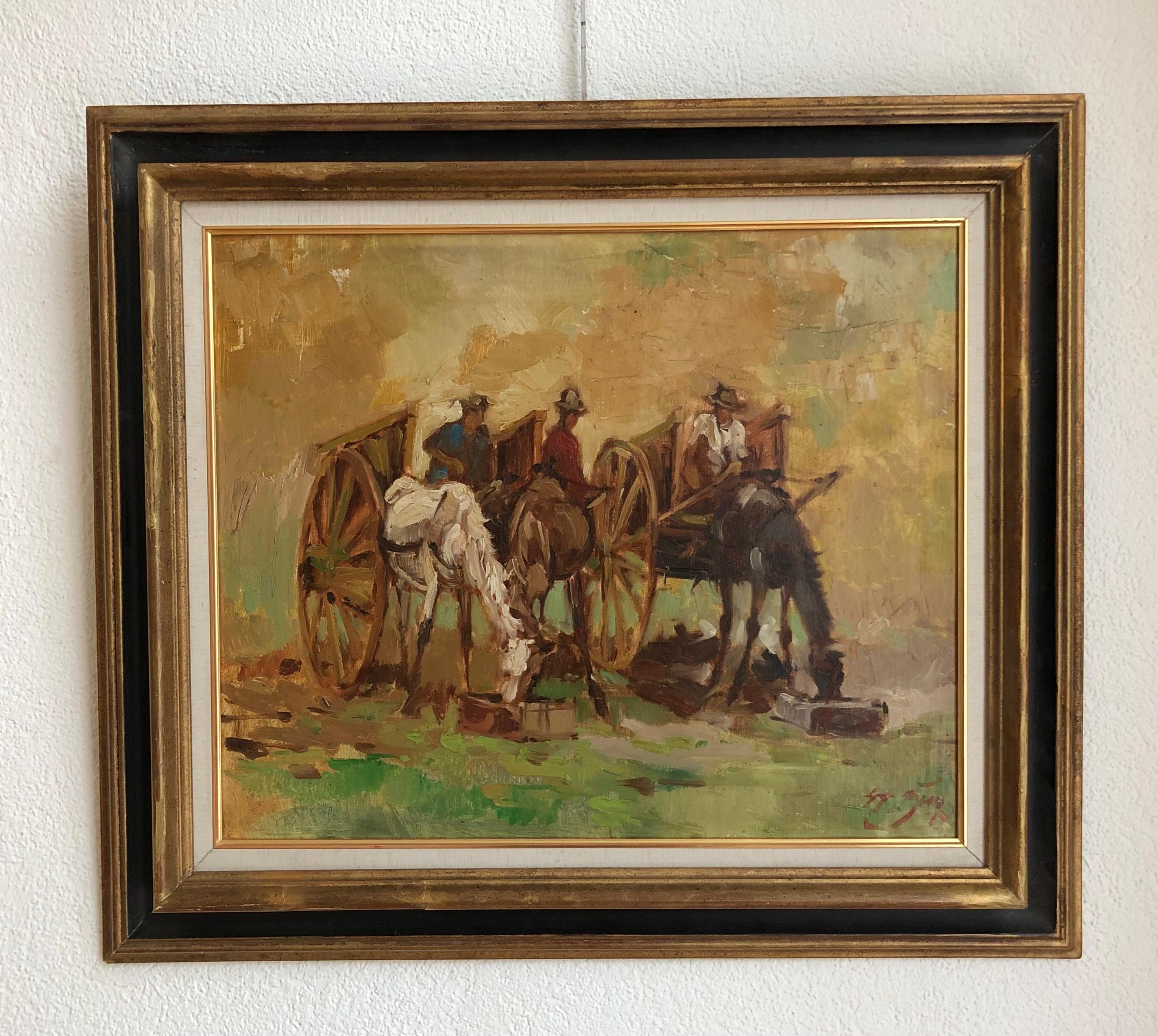 Bauern und Pferde mit Karren auf einem Feld – Painting von Gùo