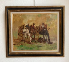 Farmers and Horses with Carts, Oil on Cardboard, Framed, 20th Century