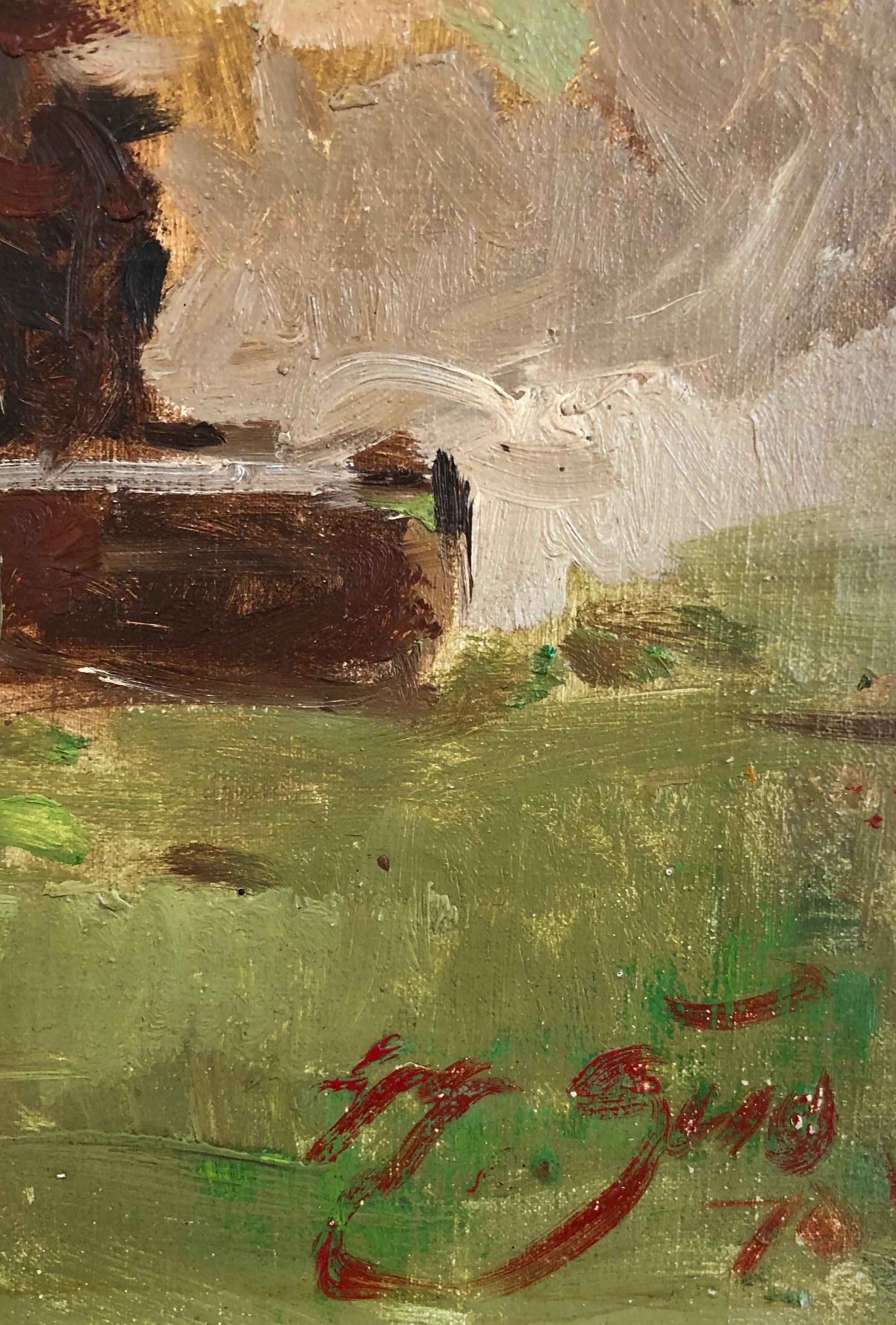 Bauern und Pferde mit Karren auf einem Feld (Braun), Landscape Painting, von Gùo