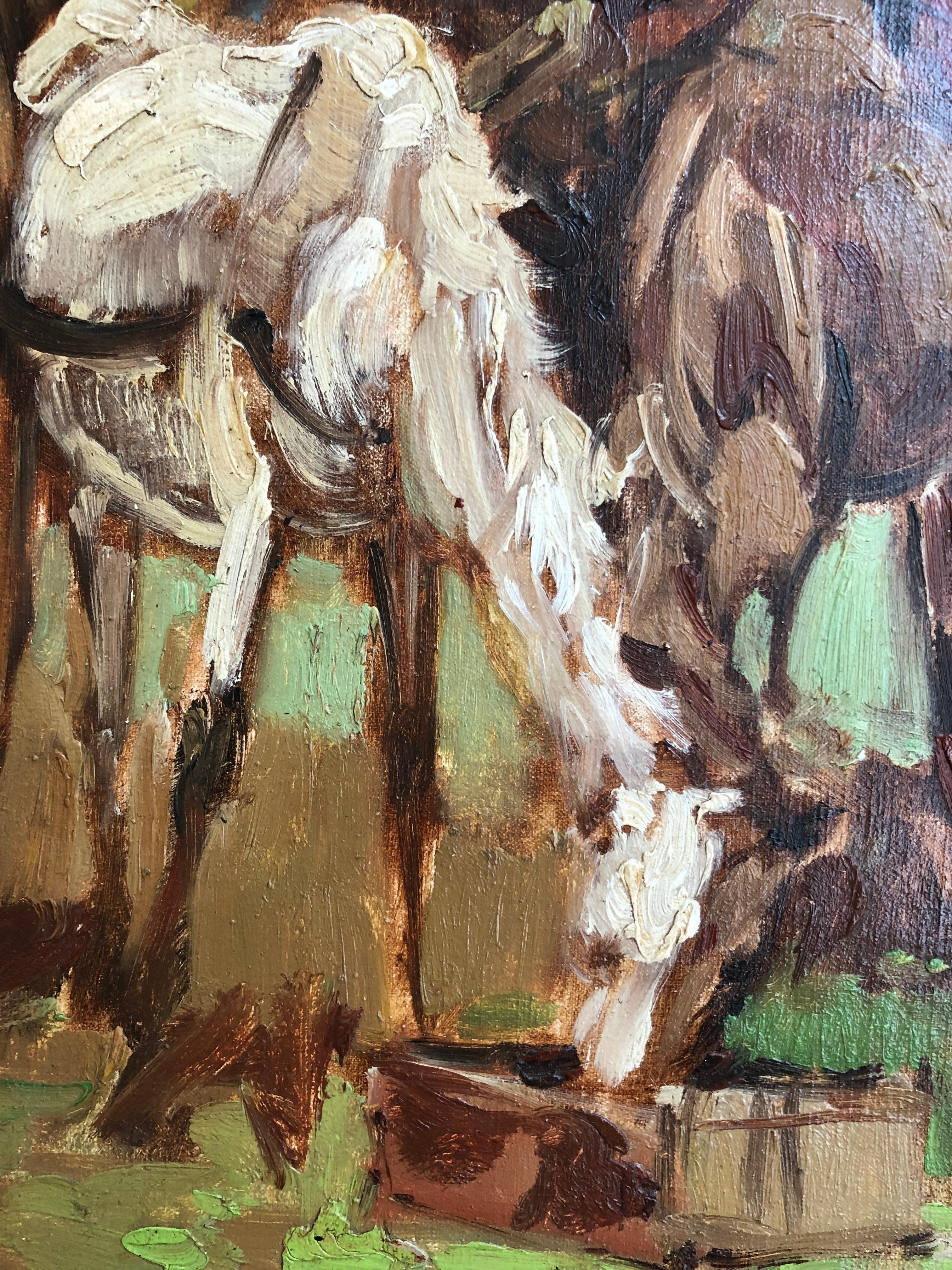 Arbeiten auf Karton
Goldener Holzrahmen
66.5 x 76.5 x 4.5 cm
Dieses fesselnde Werk zeigt eine lebendige ländliche Szene mit drei Figuren auf Pferden vor zwei massiven Karren mit imposanten Holzrädern. Das Spiel der erdigen Farben und die dicke