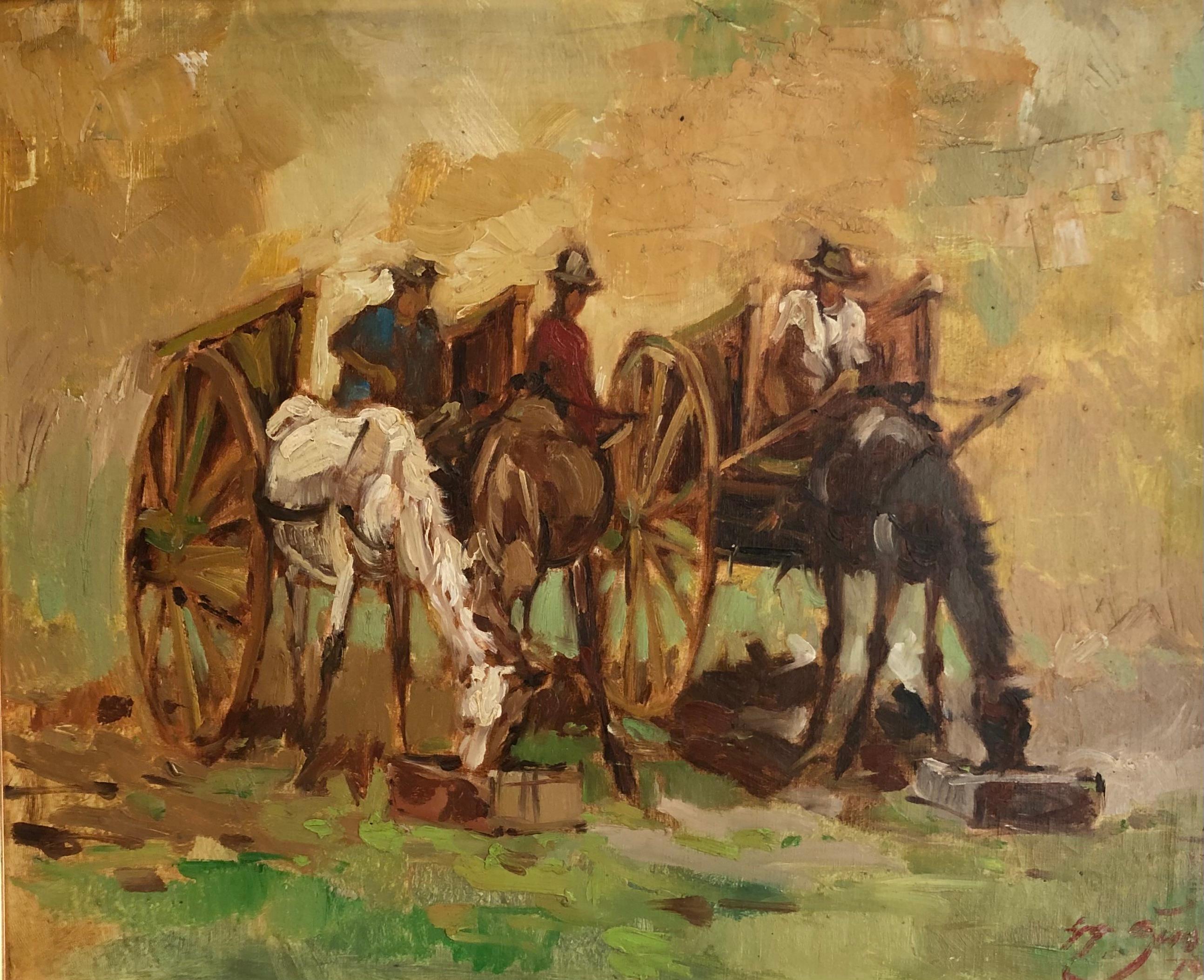 Gùo Landscape Painting - Farmers and horses with carts in a field