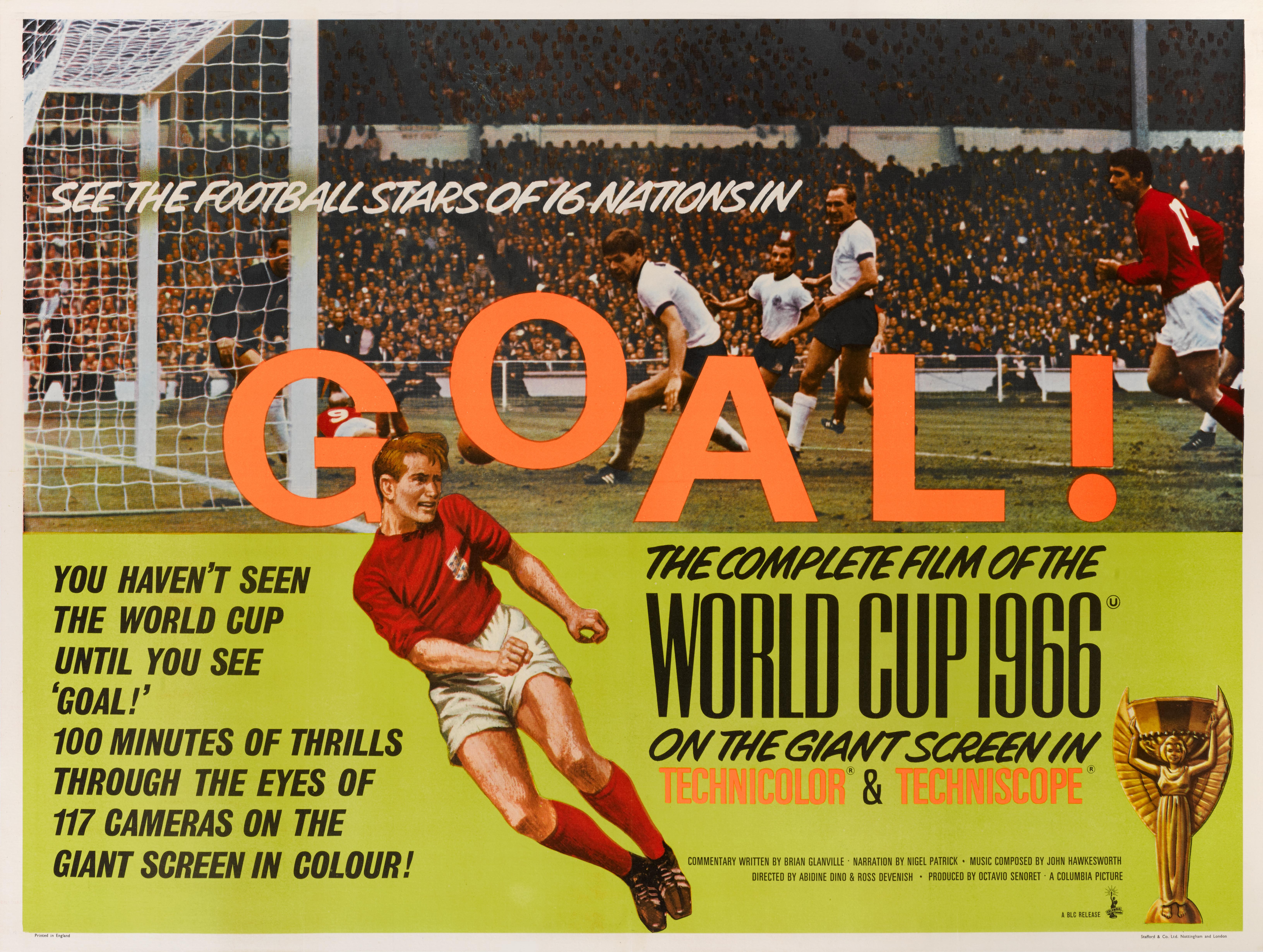 Original British film poster for the 1966 documentary that was directed by Ross Devenish and Abidin Dino, written by Brian Glanville, and features Tofik Bakhramov, Alan Ball, Gordon Banks, together with archive footage of many of other people. It