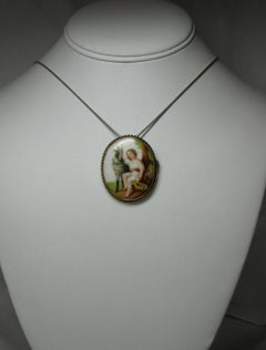 Goat and Child with Flowers Pendant Brooch Antique Victorian Gold Porcelain