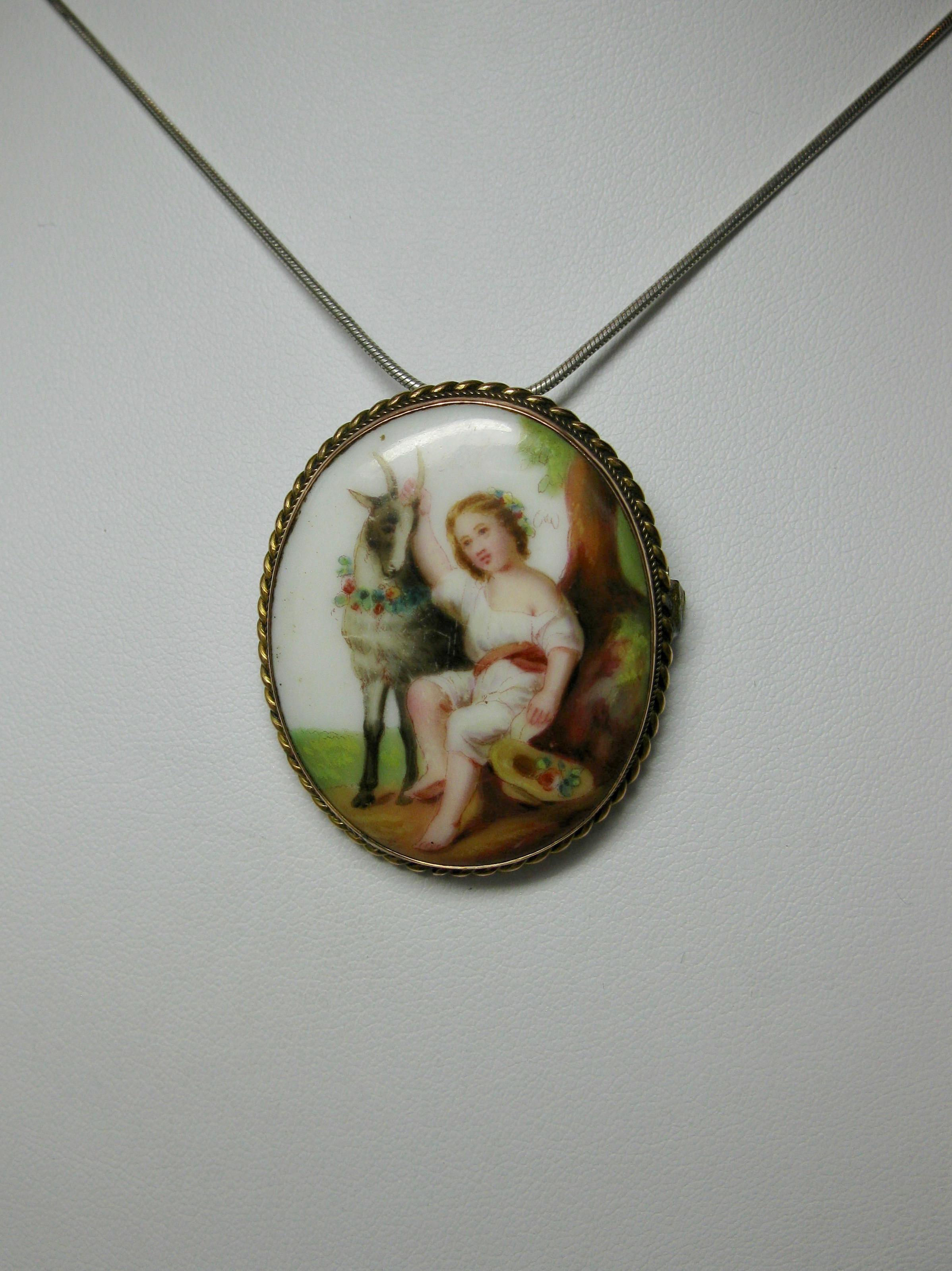 Goat and Child with Flowers Pendant Brooch Antique Victorian Gold Porcelain In Good Condition In New York, NY