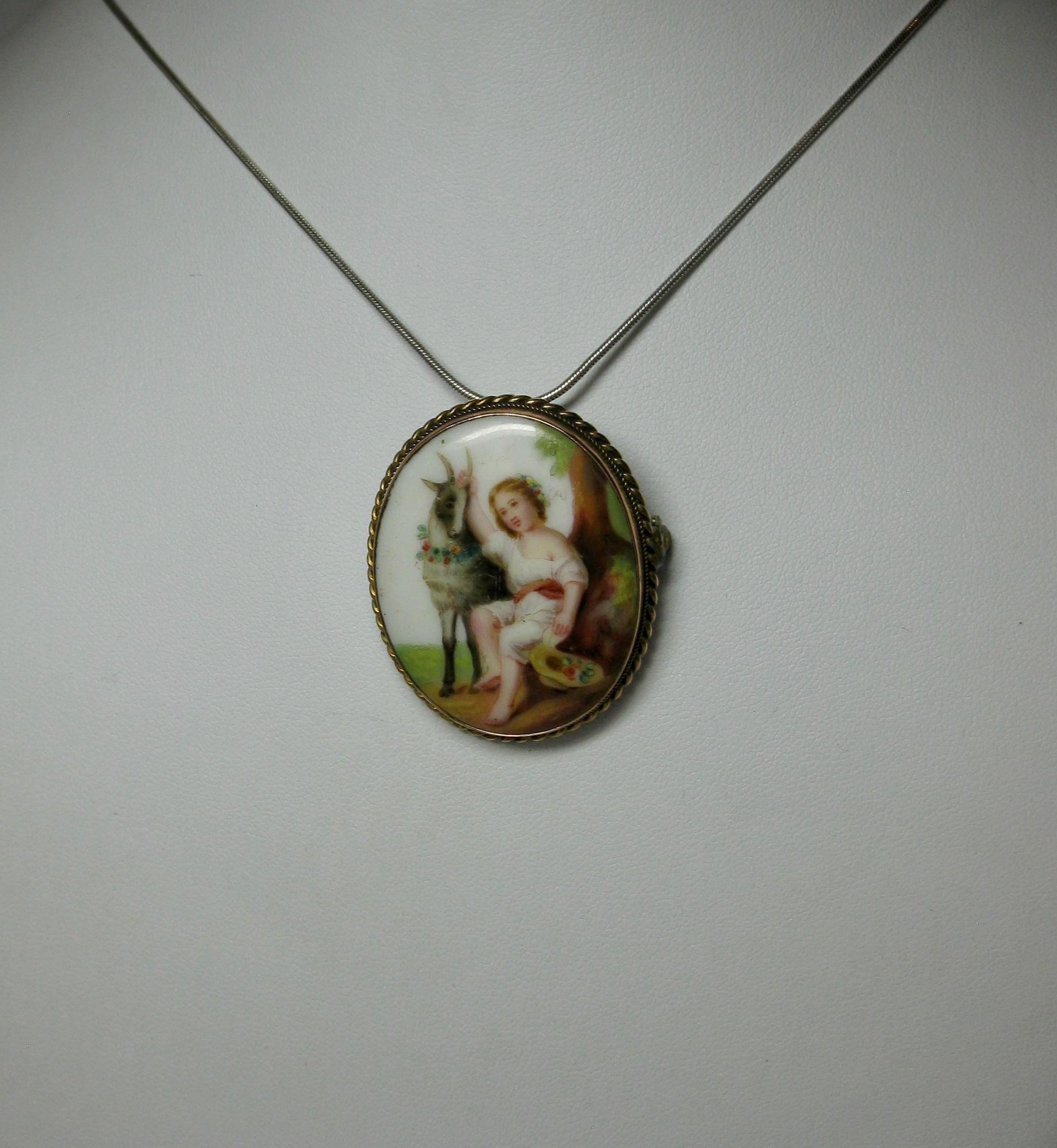 Women's Goat and Child with Flowers Pendant Brooch Antique Victorian Gold Porcelain