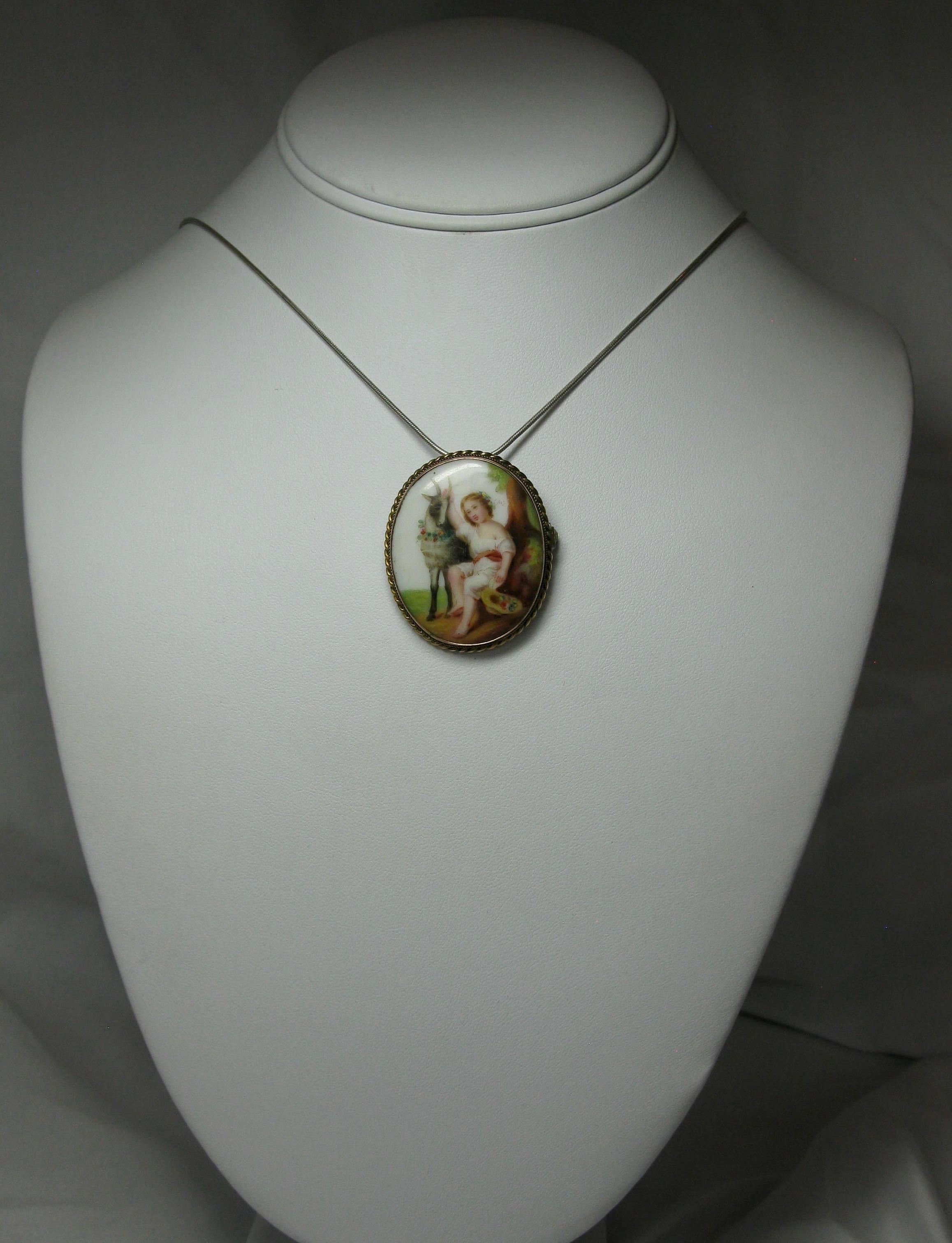 Goat and Child with Flowers Pendant Brooch Antique Victorian Gold Porcelain 1