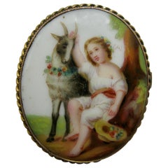 Goat and Child with Flowers Pendant Brooch Antique Victorian Gold Porcelain