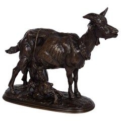 “Goat and Her Kids” Antique French Bronze Sculpture by Emmanuel Fremiet, c 1860