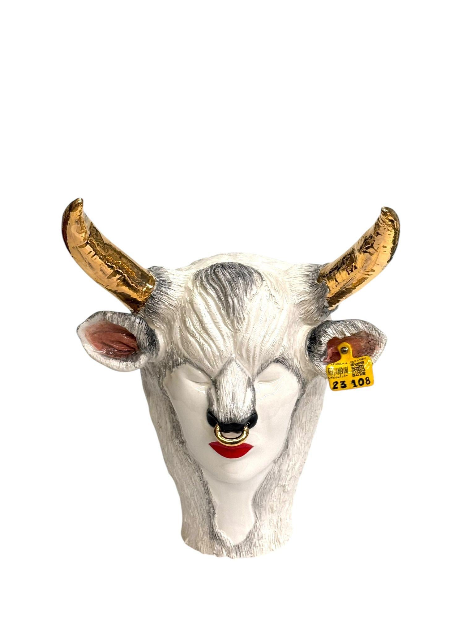 Modern Goat Ceramic Centerpiece, Gold details Completely Handmade Without Mold, 2024 For Sale