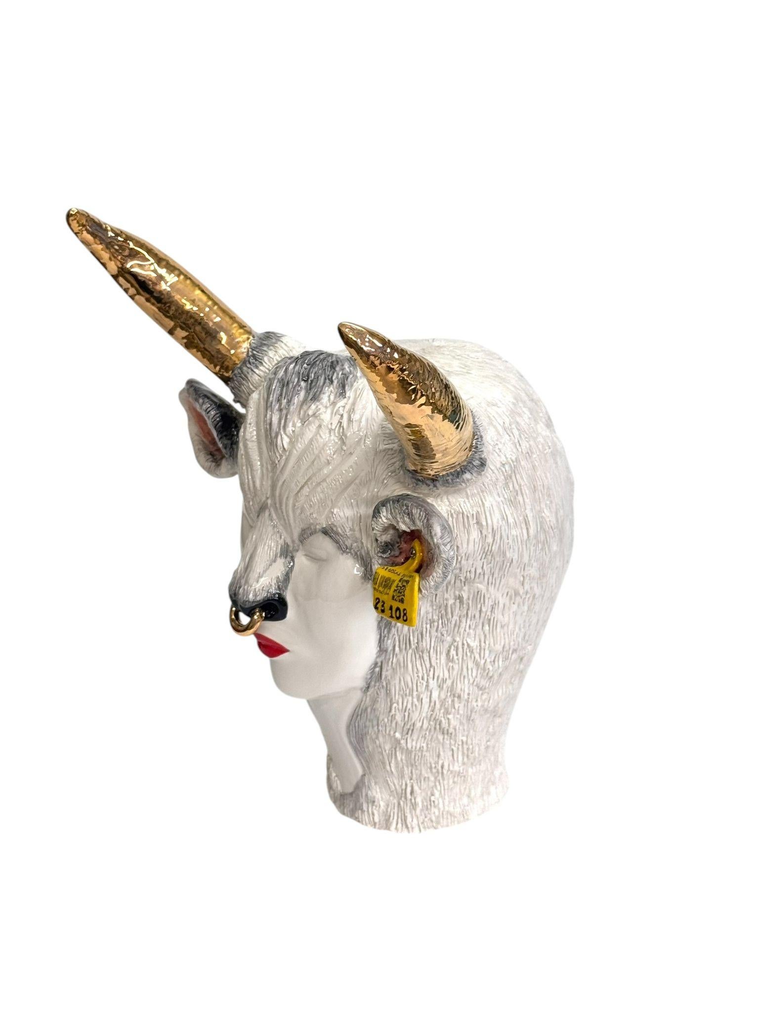 Italian Goat Ceramic Centerpiece, Gold details Completely Handmade Without Mold, 2024 For Sale