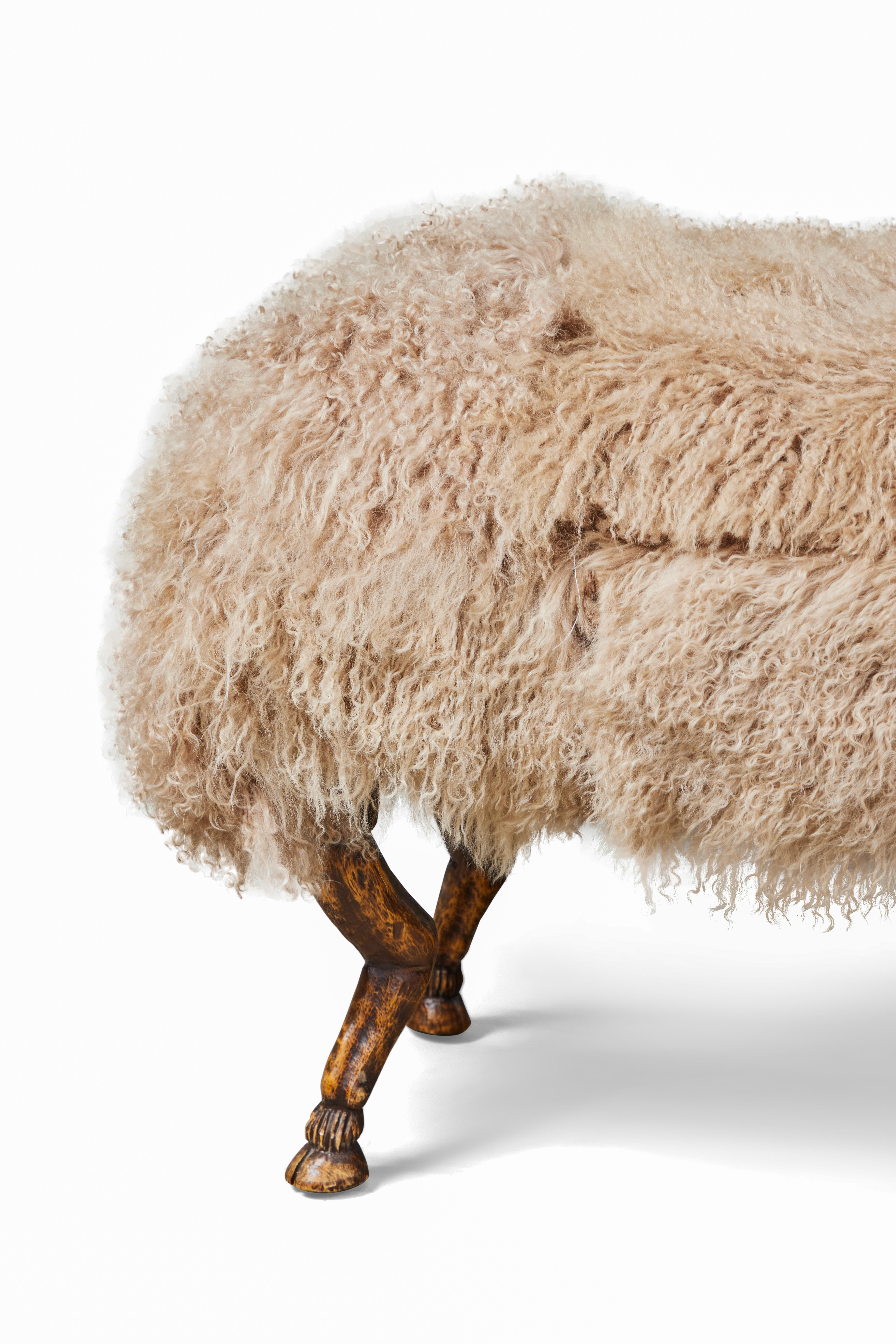 Goat Foot Bench Upholstered in Mongolian Curly Lamb Fur In Good Condition In Pasadena, CA