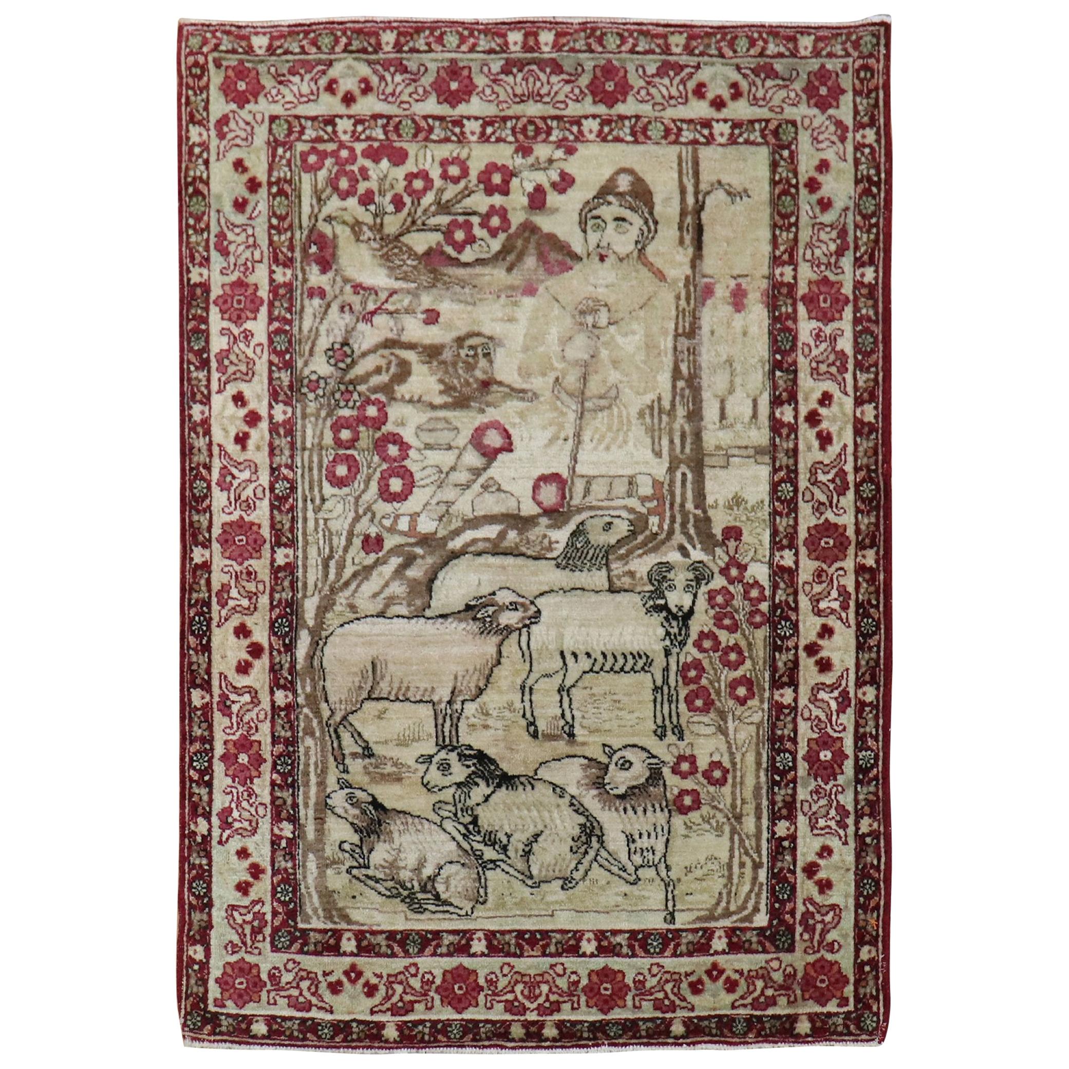 Goat Sheep Shephard Pictorial Persian Kerman Mini Mat Rug