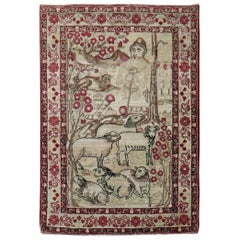 Antique Goat Sheep Shephard Pictorial Persian Kerman Mini Mat Rug