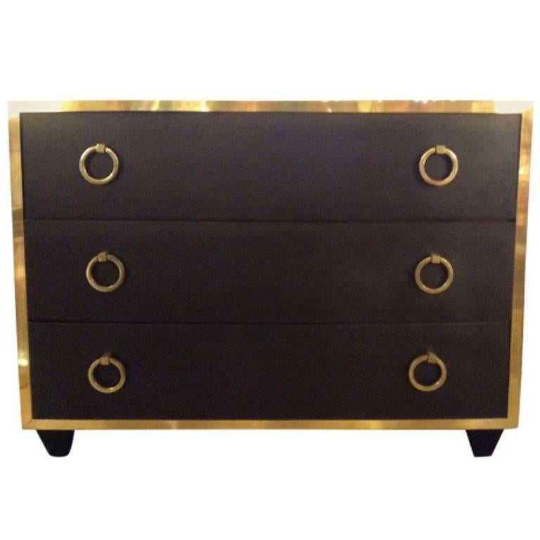 Goat Skin Brass Italian Luxury Goatskin and Brass Three-Drawer Dresser For Sale