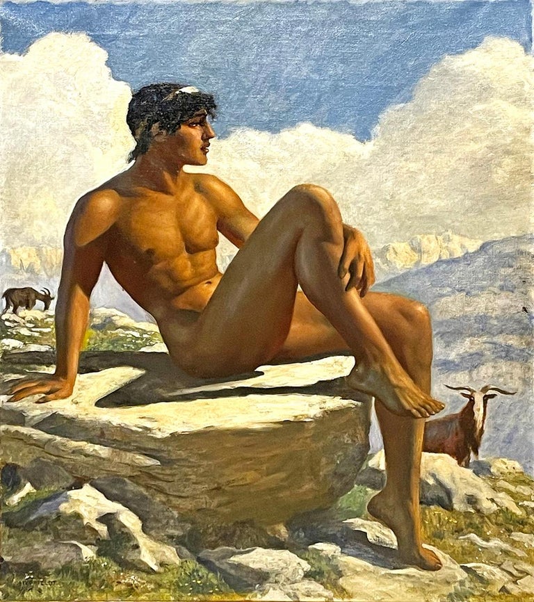 This extraordinary painting of a nude youth serving as a goatherd in the mountains of Central Europe is notable for its combination of sweetness and sensuality. The central figure is smooth and tanned like a modern-day lifeguard, but looks into the