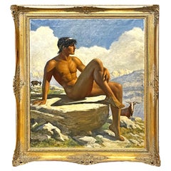 "Goatherd," Extraordinary Nude Male Painting in Mountain Setting