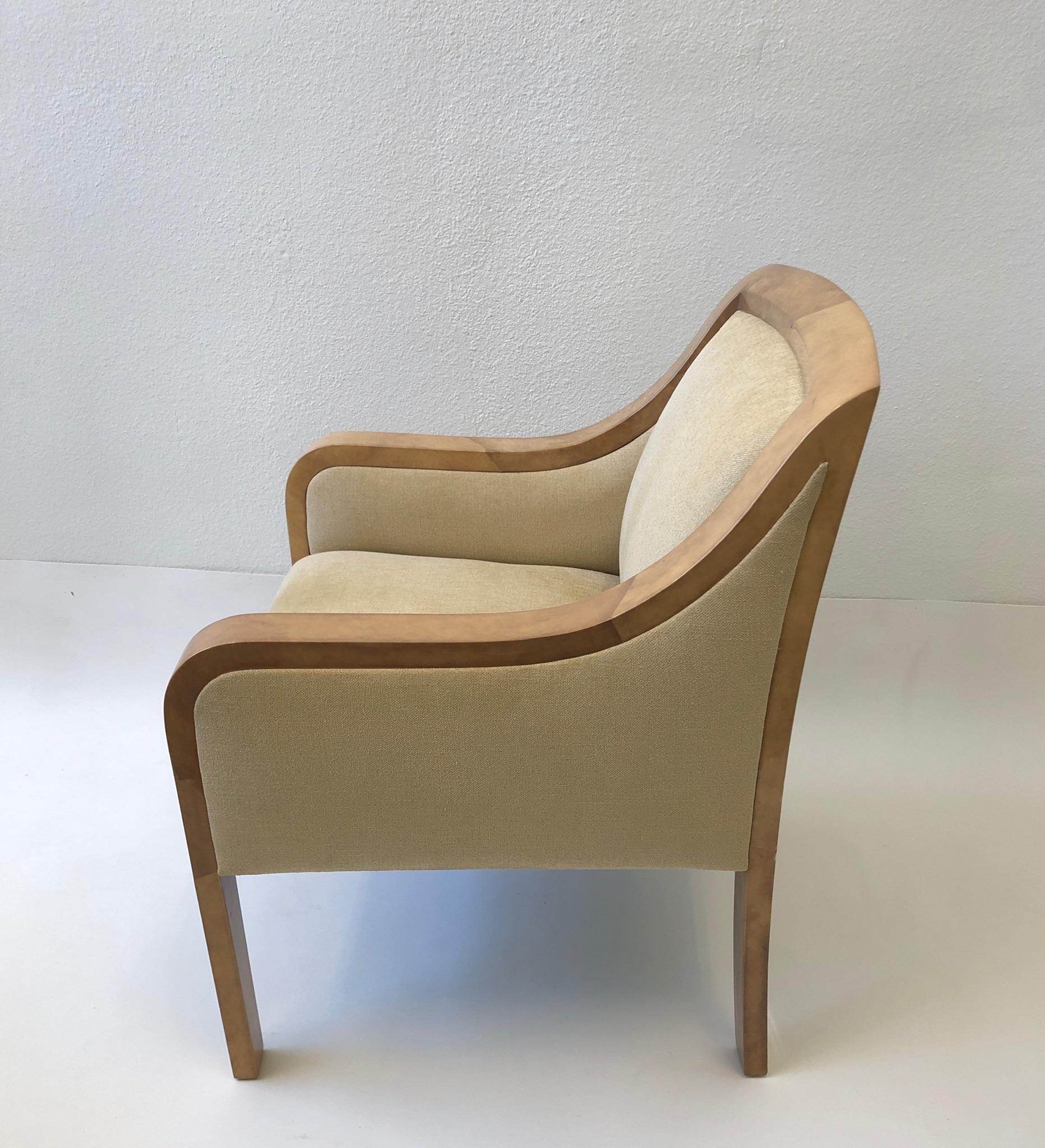 Spectacular 1980’s Regency lounge chair in the manner of Karl Springer. 
Out of an estate design by Steve Chase. In original condition, so it shows minor wear consistent with age. 
Measurements: 25” deep, 27” wide, 34.25” high and 19” seat.