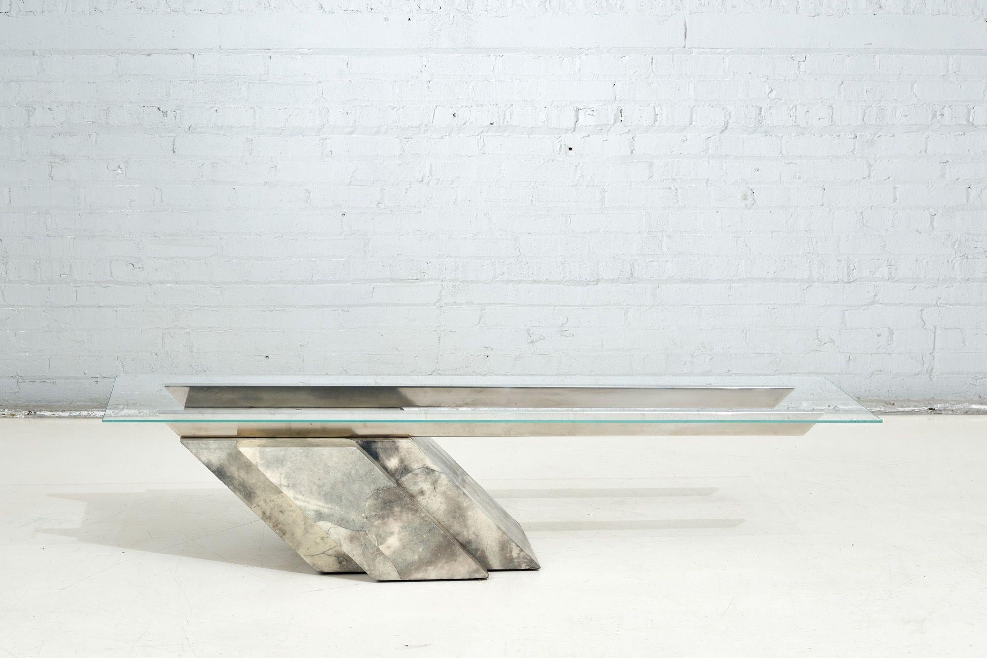 Goatskin cantilevered Stainless Steel and Glass Coffee Table, 1970. Original

