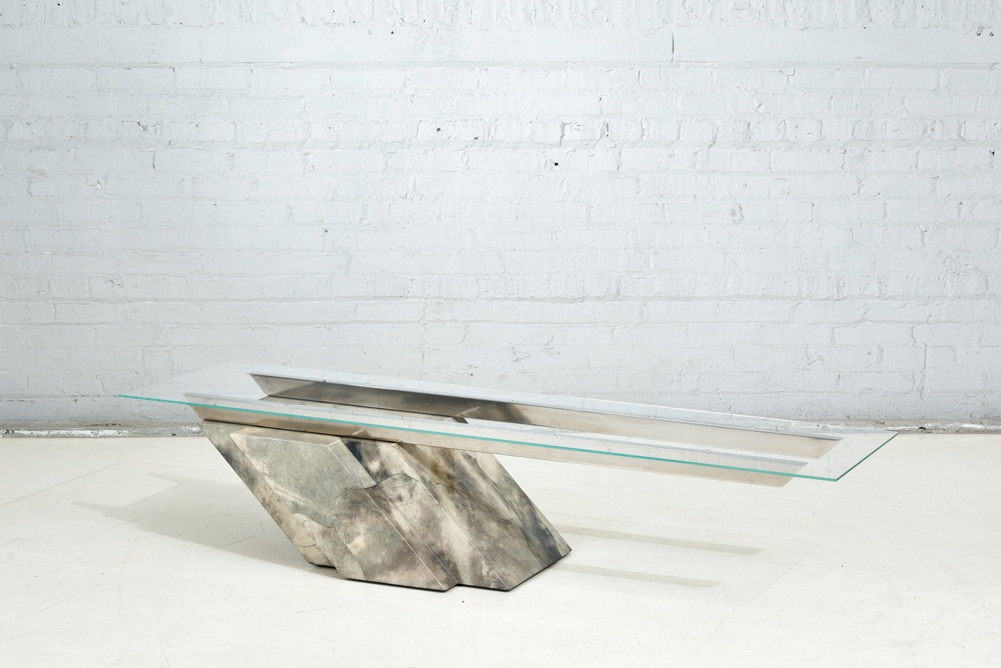 Mid-Century Modern Goatskin Cantilevered Stainless Steel and Glass Coffee Table, 1970 For Sale