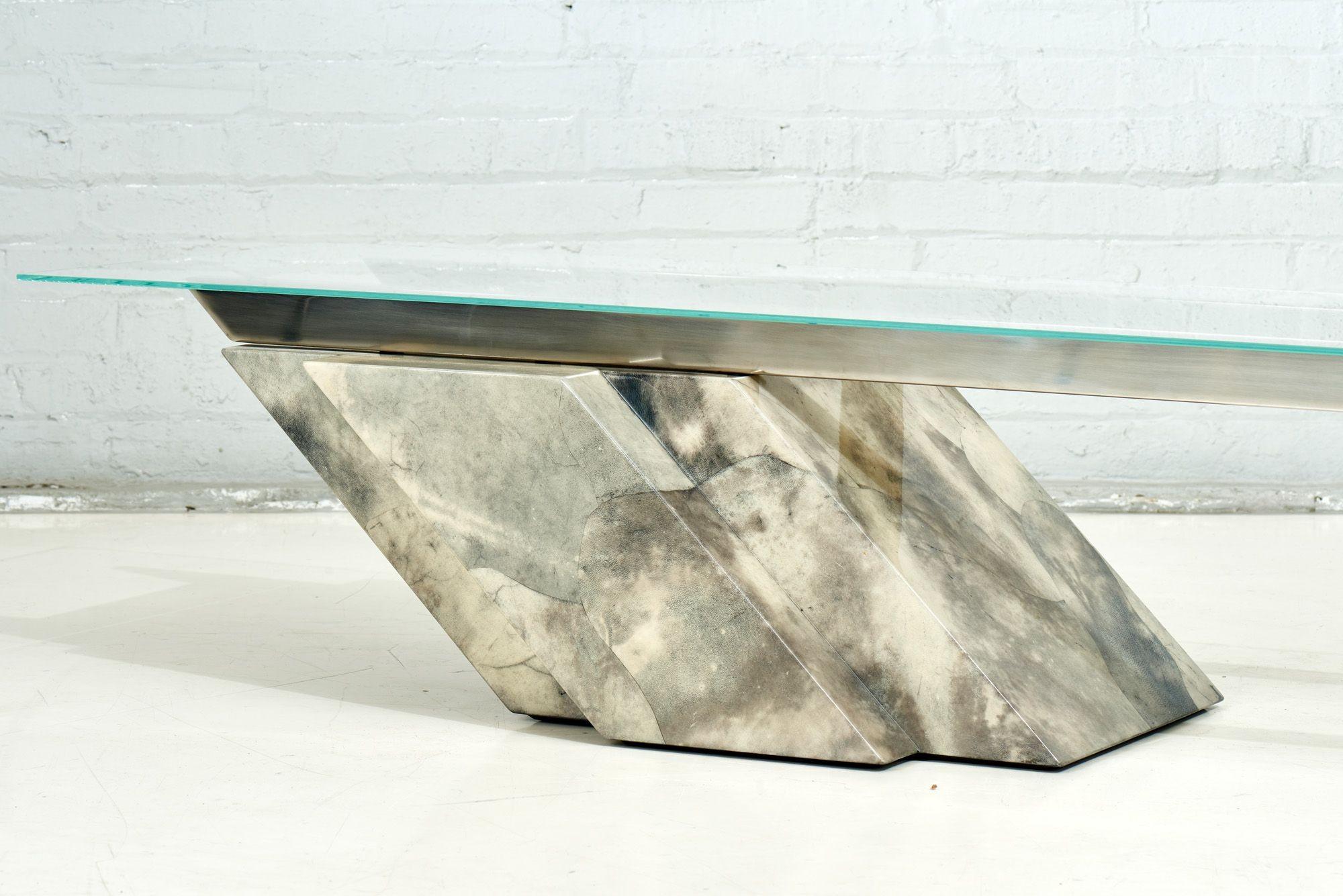 Goatskin Cantilevered Stainless Steel and Glass Coffee Table, 1970 In Good Condition For Sale In Chicago, IL