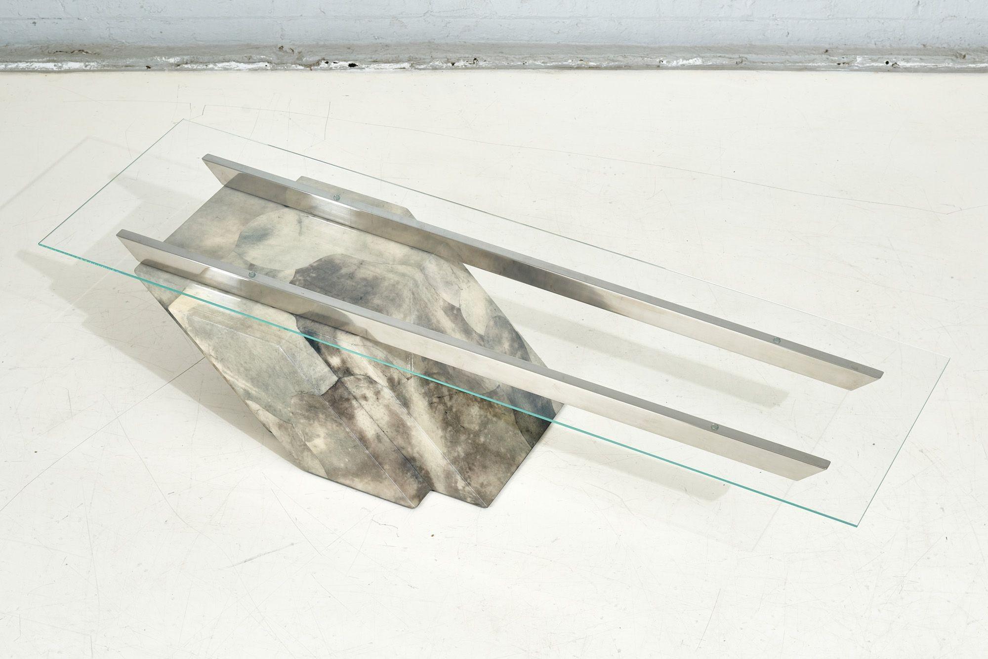 Late 20th Century Goatskin Cantilevered Stainless Steel and Glass Coffee Table, 1970 For Sale