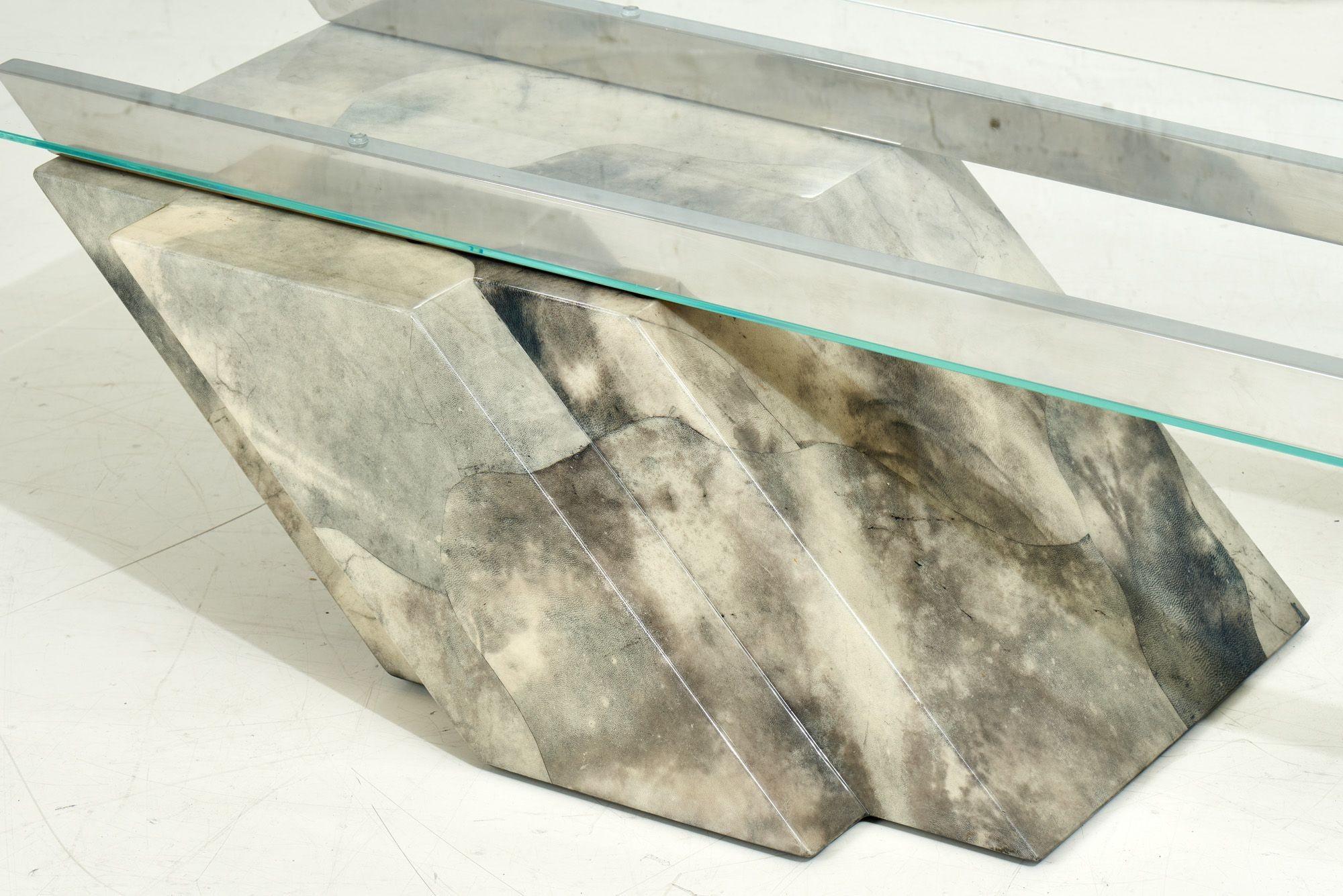 Goatskin Cantilevered Stainless Steel and Glass Coffee Table, 1970 For Sale 1