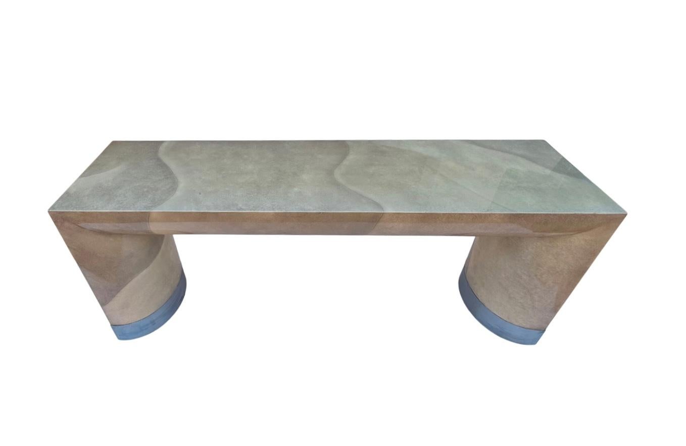 Amazing console circa 1980s lacquer over goat skin with chrome surrounds in the manner of Karl Springer 