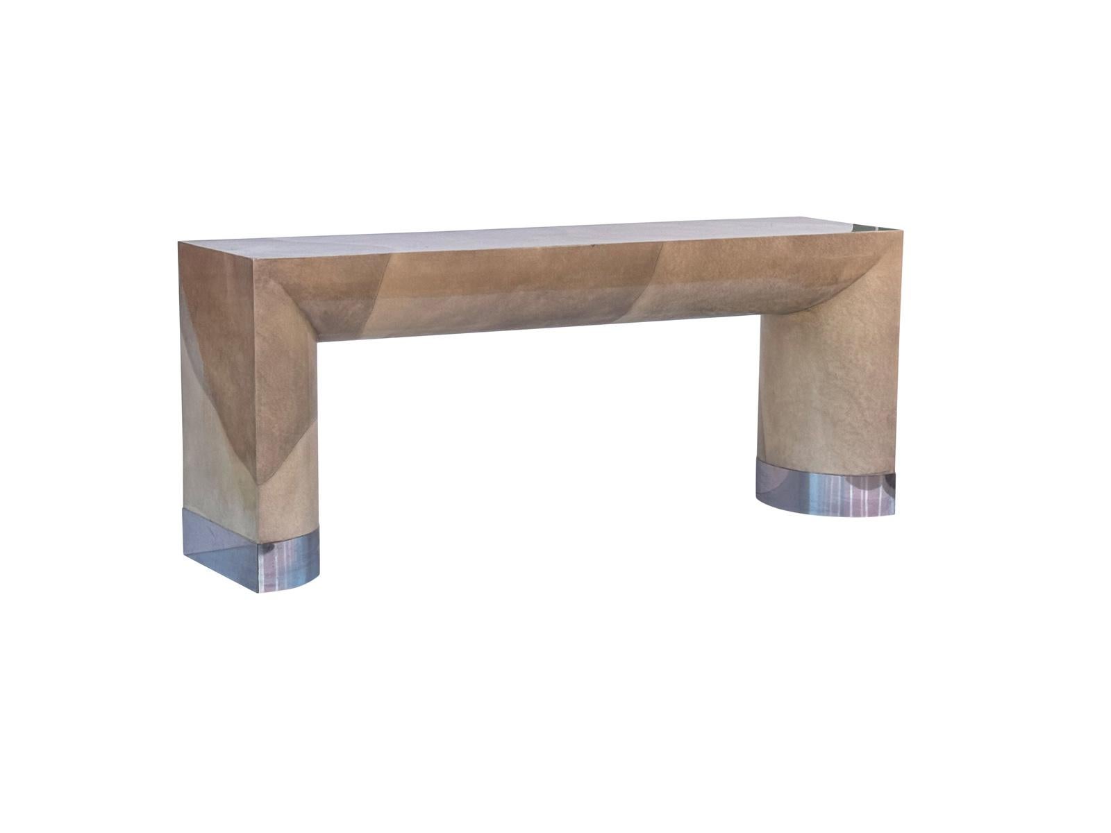 Post-Modern Goatskin Long Chic Lacquered Console Table with Chrome Base Karl Springer Style For Sale