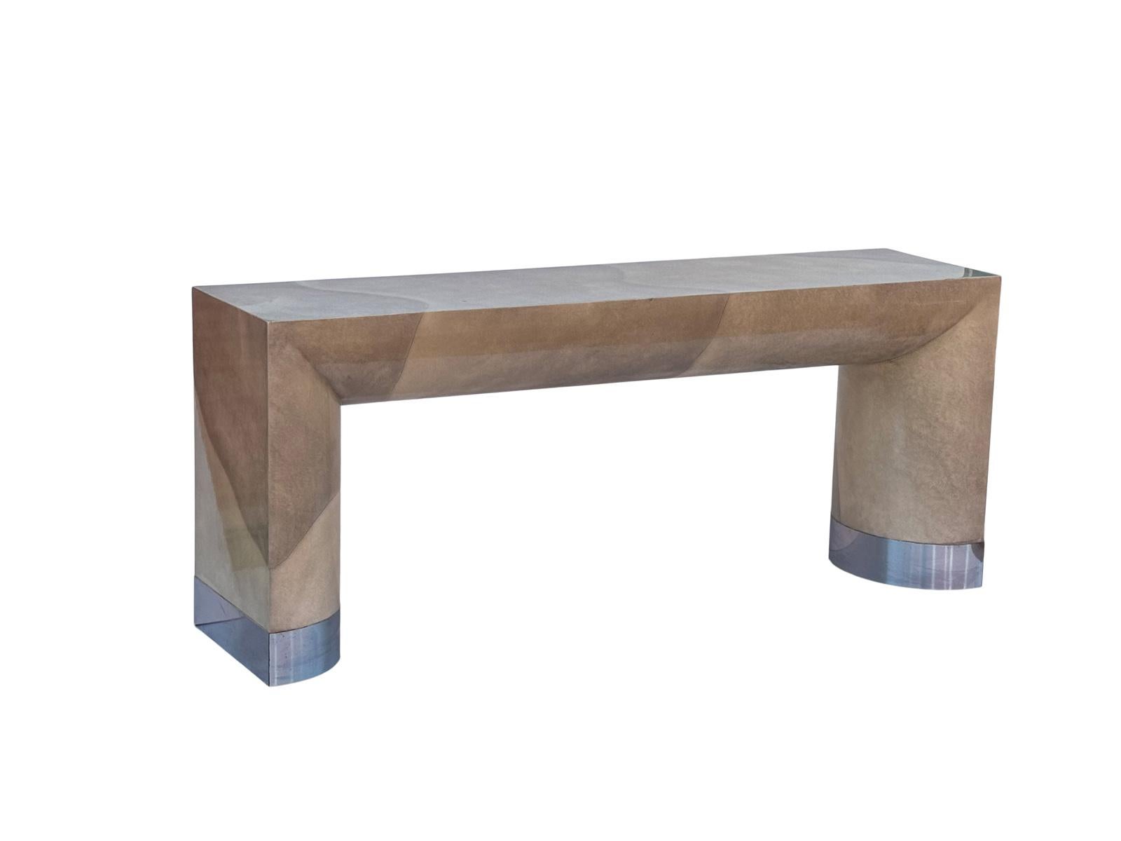 Goatskin Long Chic Lacquered Console Table with Chrome Base Karl Springer Style In Good Condition For Sale In Bensalem, PA