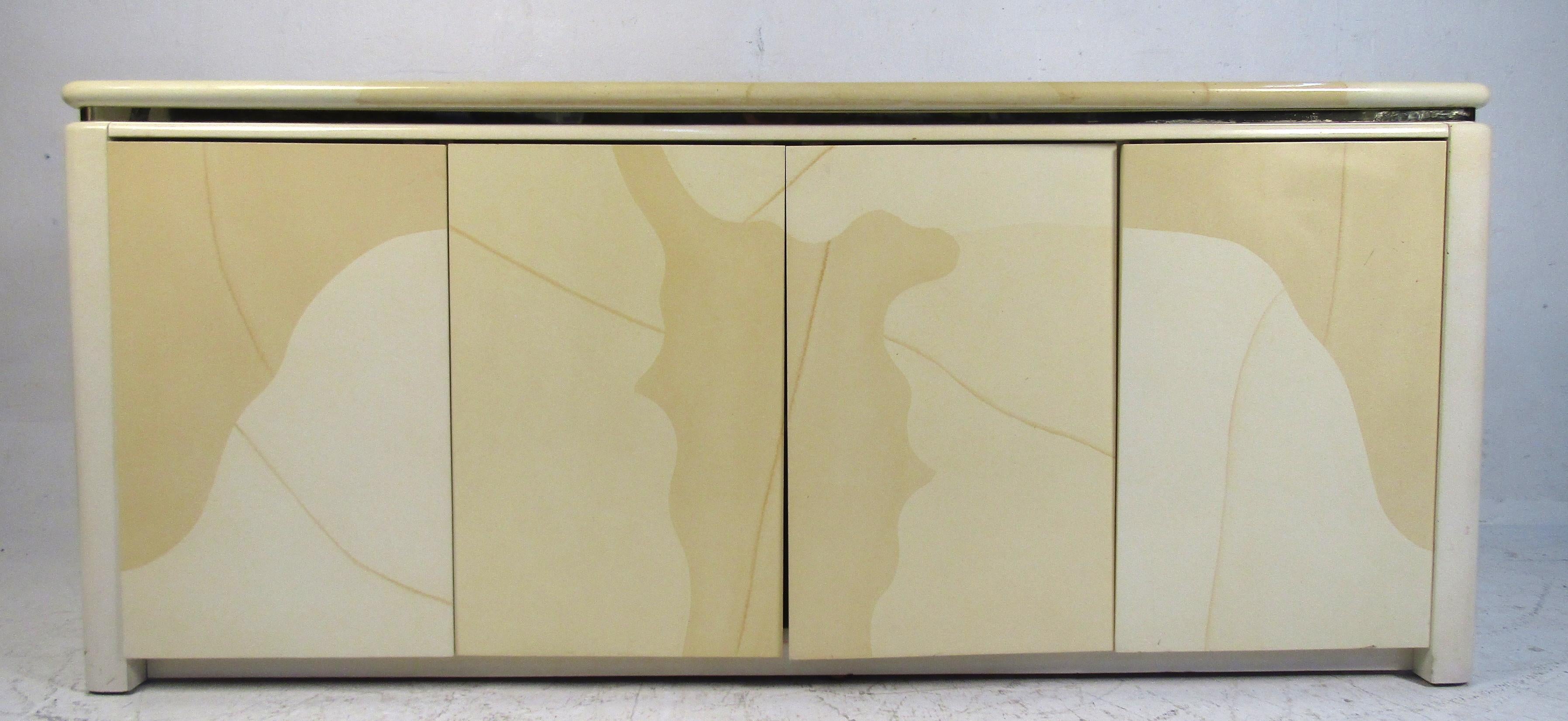 Long sideboard in goatskin material with push doors. Karl Springer modern style.
(Please confirm item location - NY or NJ - with dealer).
 
