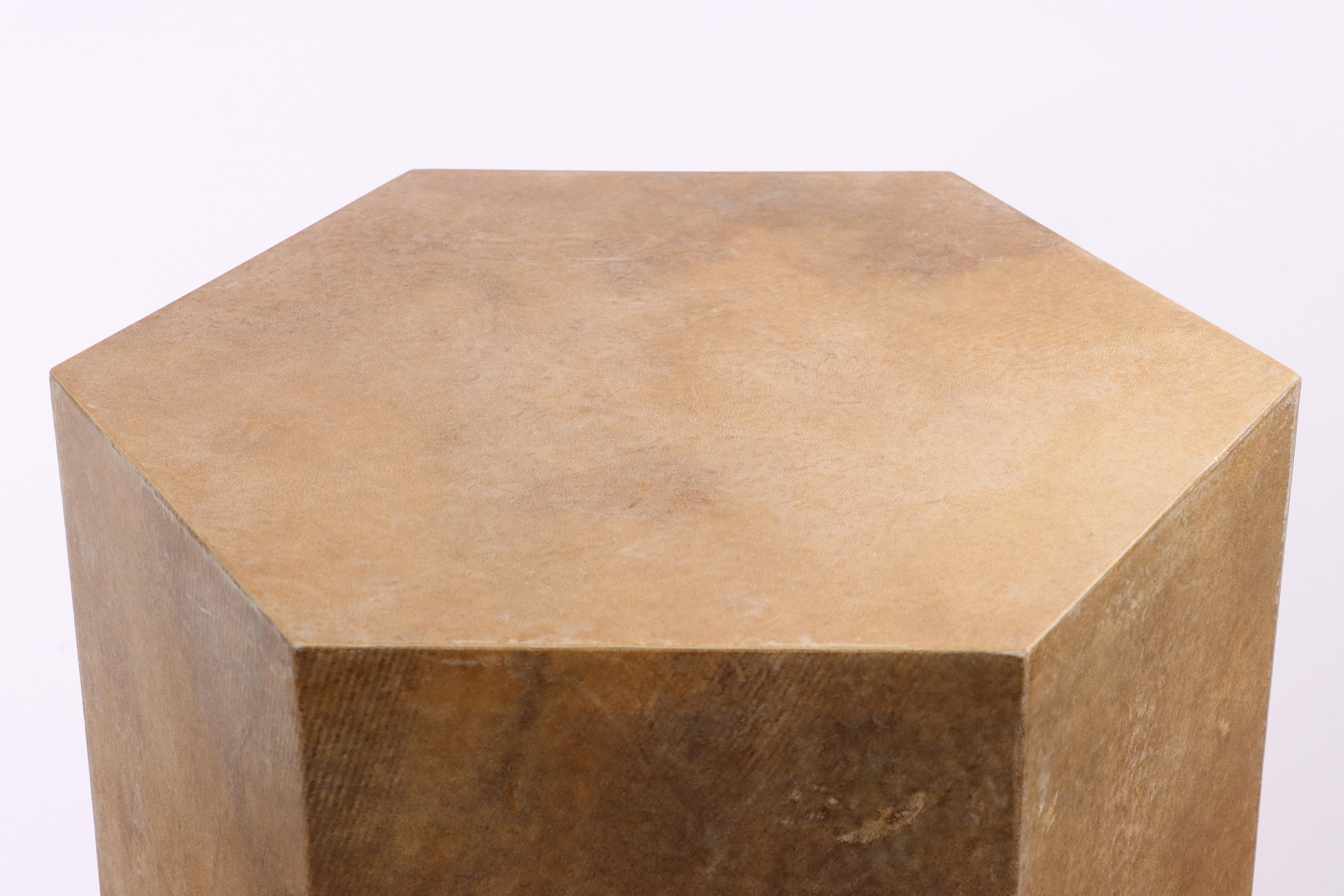 Argentine Goatskin Modern Side Table by Costantini, Pergamino Hex Alto Caramel For Sale
