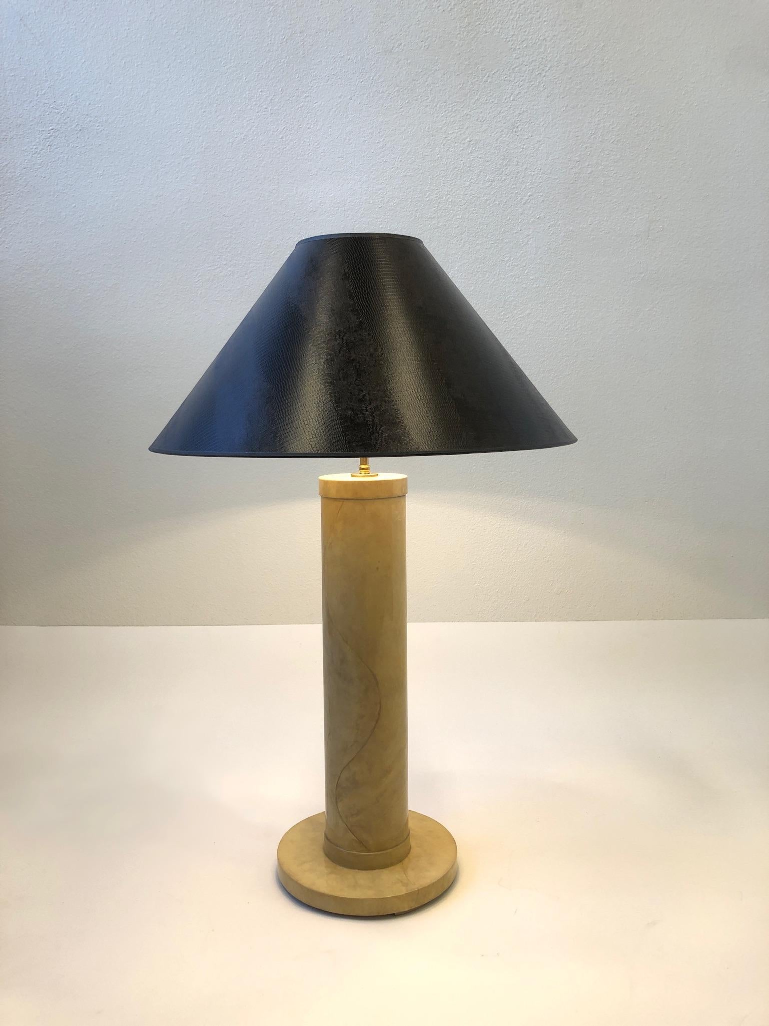 Goatskin Parchment and Brass Table Lamp by J. Robert Scott For Sale 2