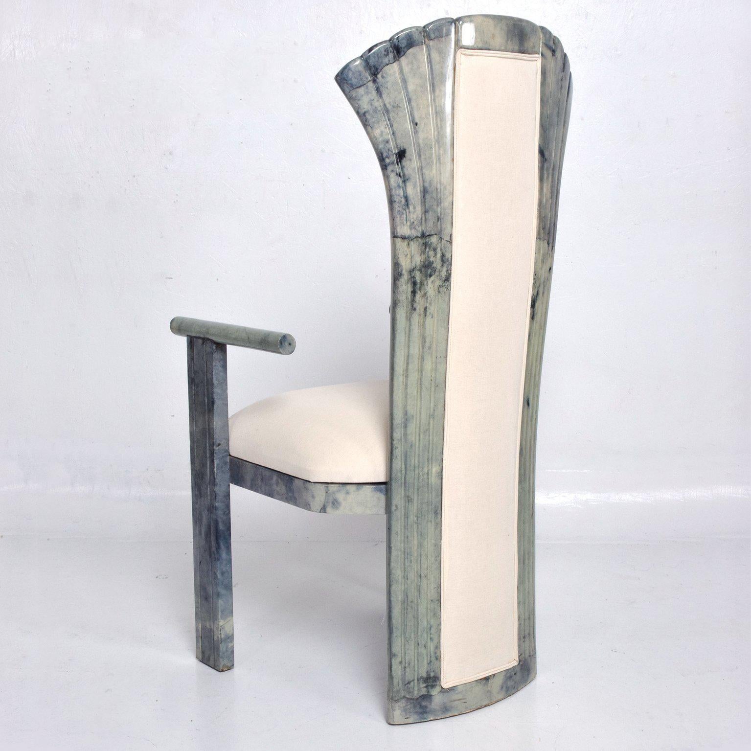 For your consideration a set of ten dining chairs in goatskin/parchment in grey tone. 
Chairs have the original upholstery (price includes the upholstery labor, customer to provide the fabric).

No label or information from the maker.