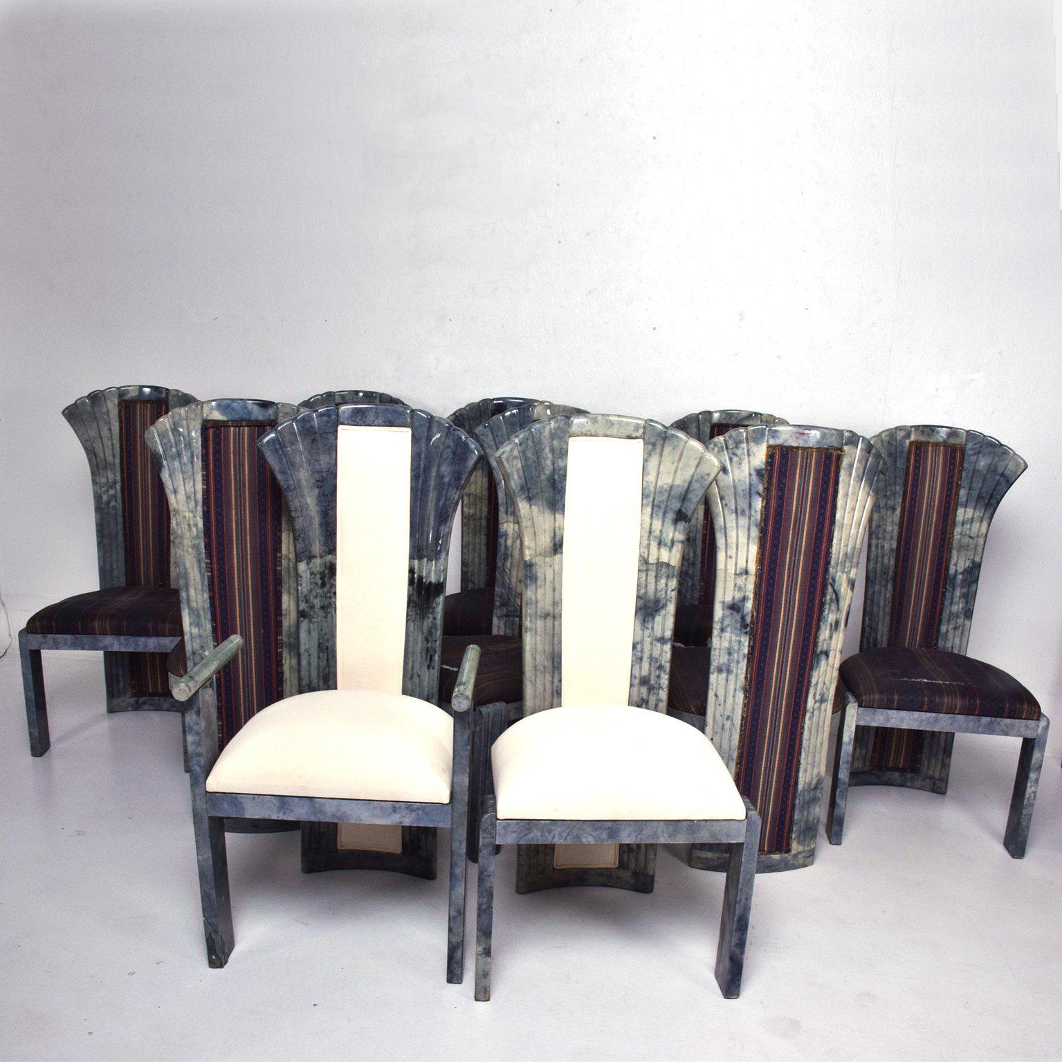 Mid-Century Modern Goatskin Parchment Dining Chairs Set of Ten, After Aldo Tura