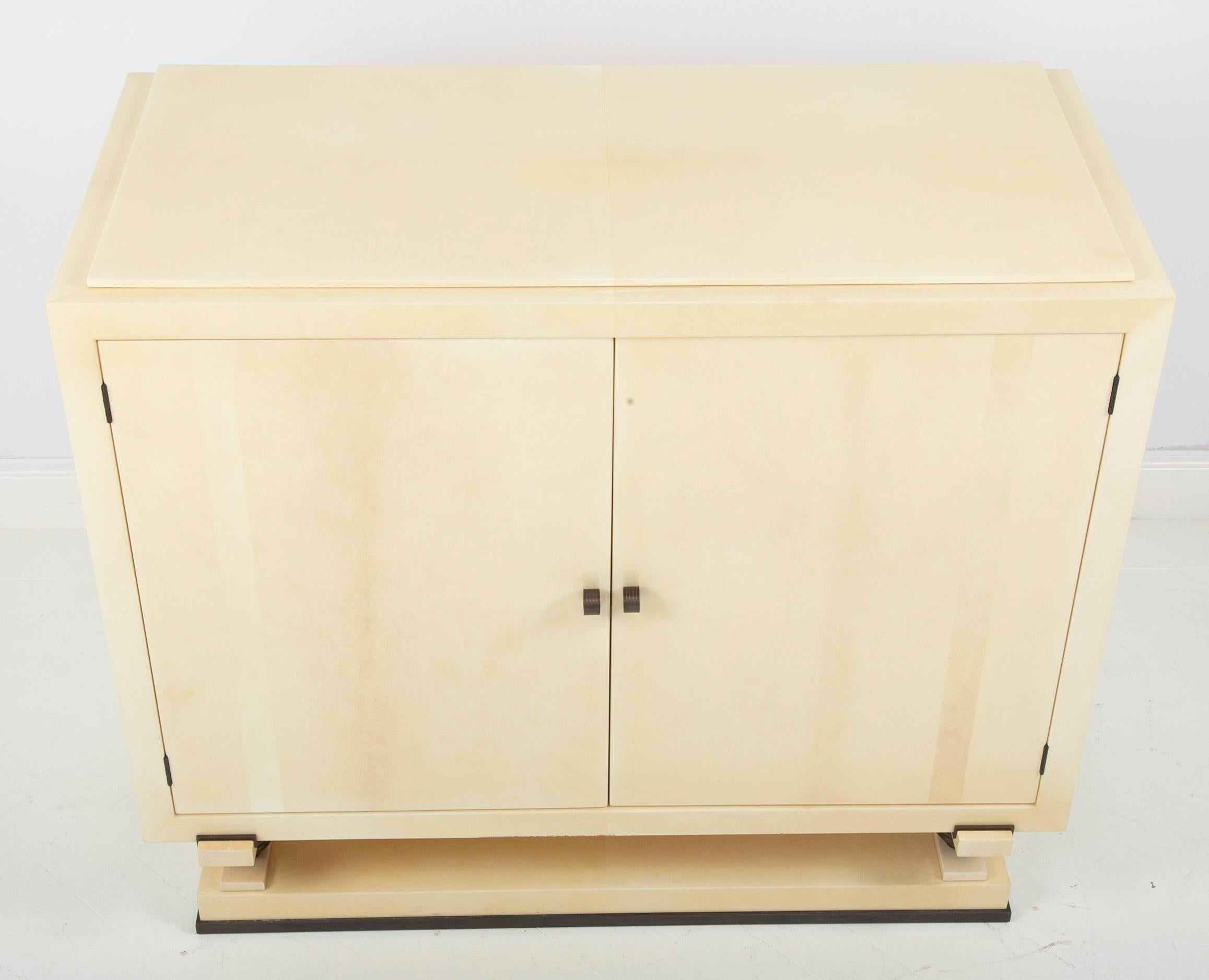 Goatskin Parchment Two-Door Cabinet with Bronze Pulls & Feet For Sale 5