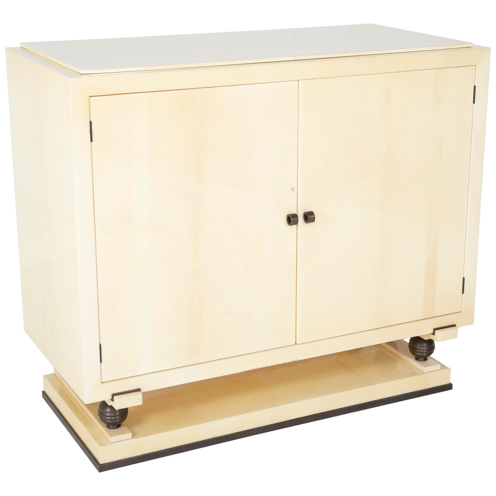 Goatskin Parchment Two-Door Cabinet with Bronze Pulls & Feet